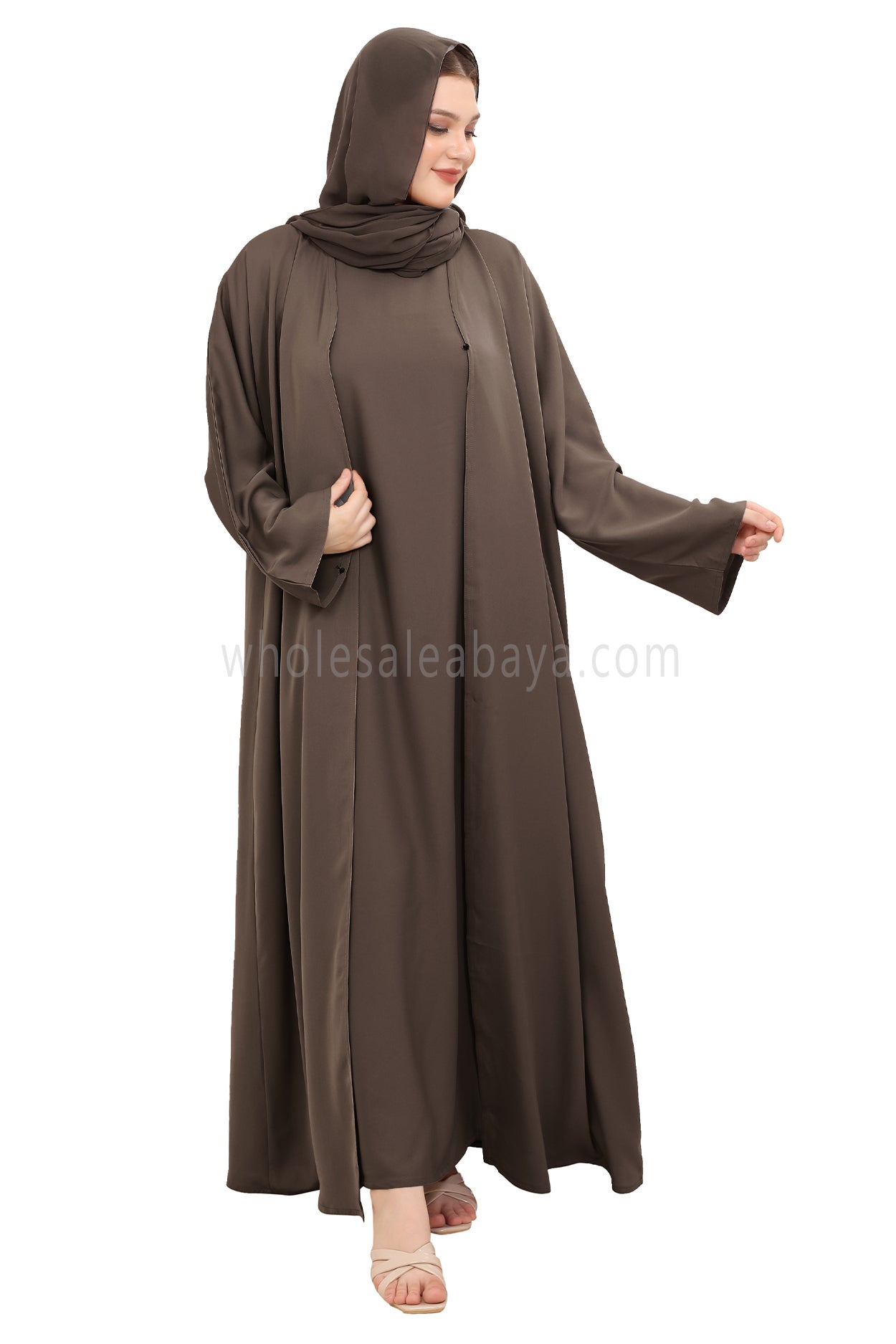 Front Open Nida Abaya With A Single Button 30051 Mink Brown
