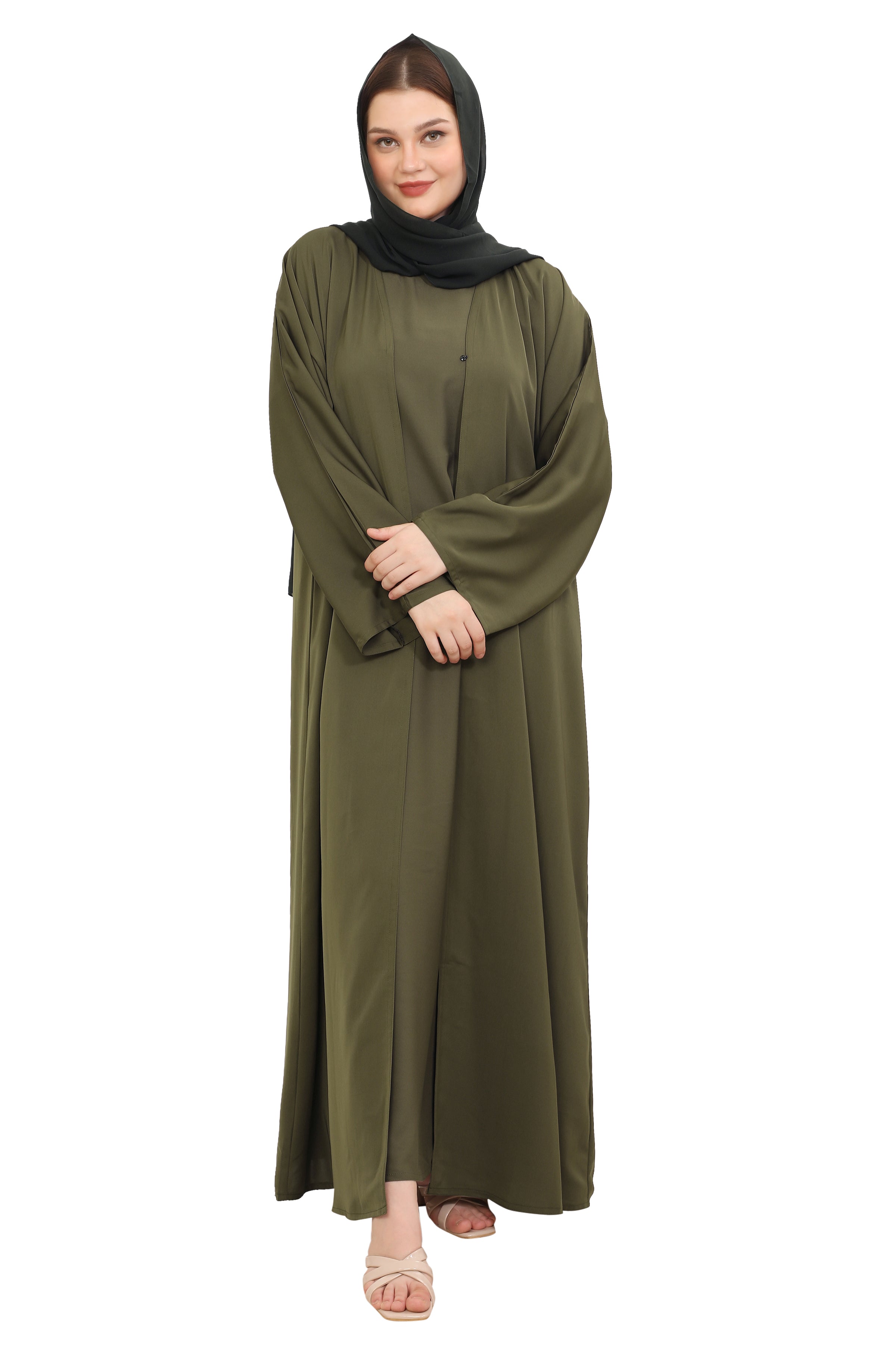 Front Open Nida Abaya With A Single Button 30051 Olive Green