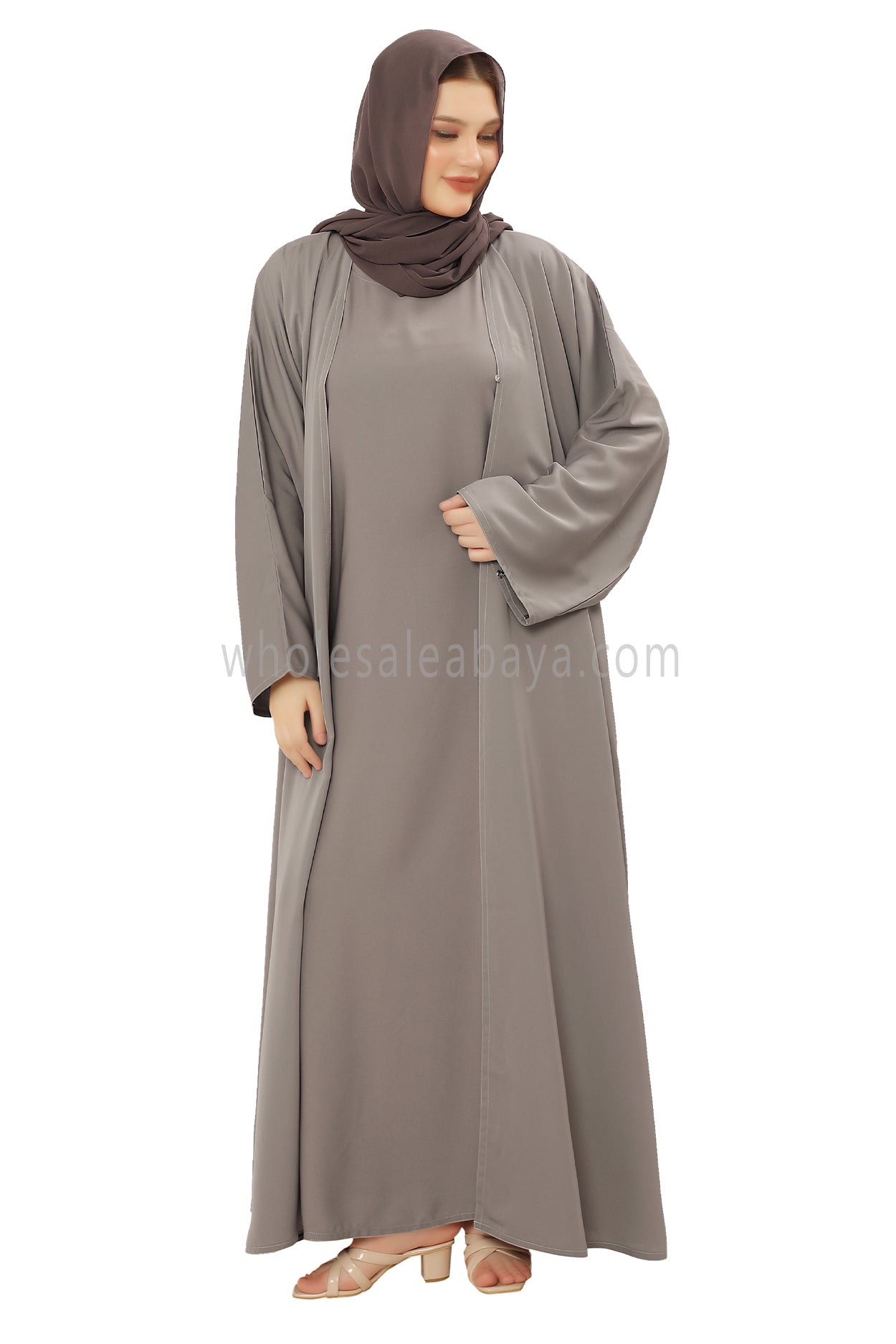 Front Open Nida Abaya With A Single Button 30051 Light Grey