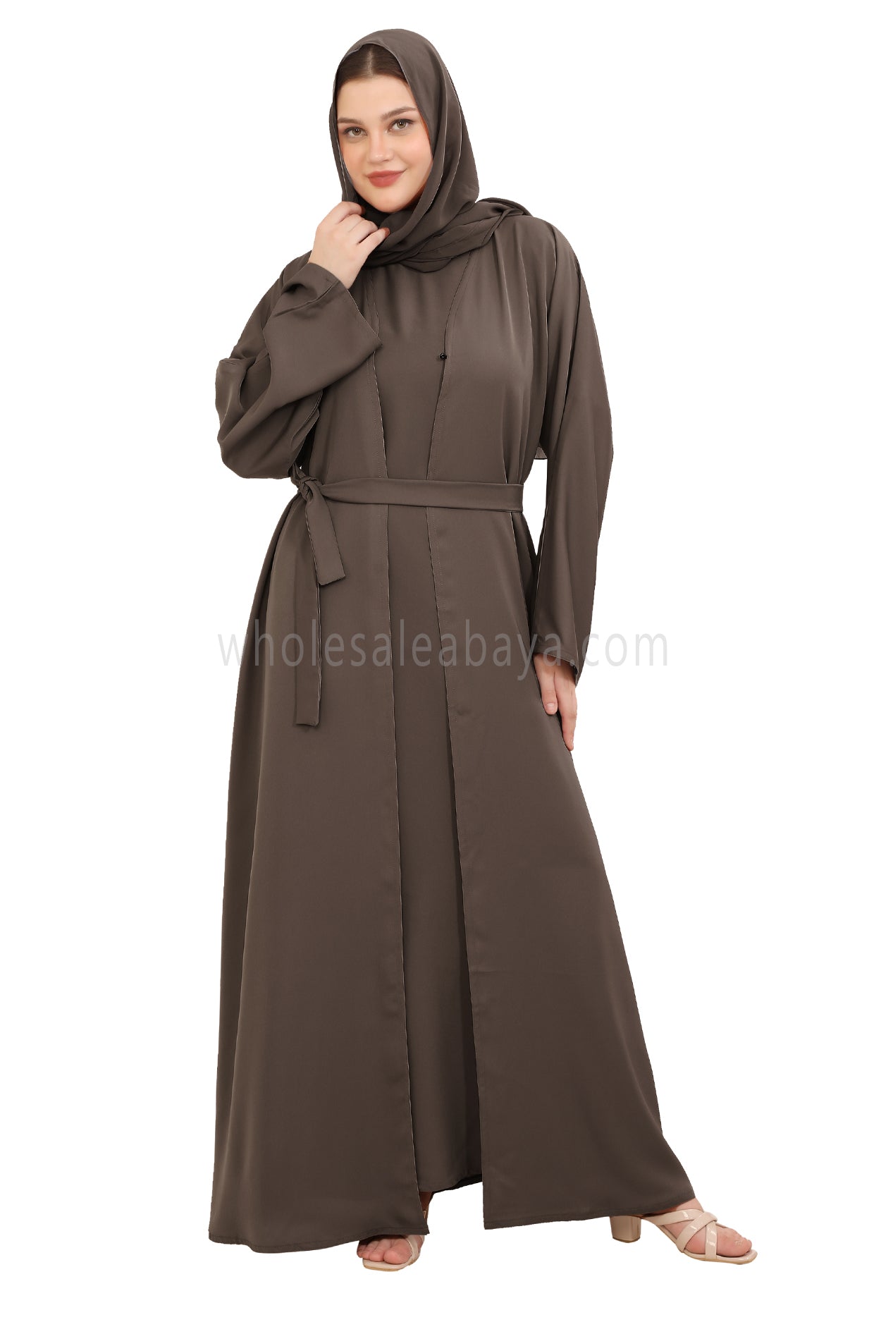 Front Open Nida Abaya With A Single Button 30051 Mink Brown