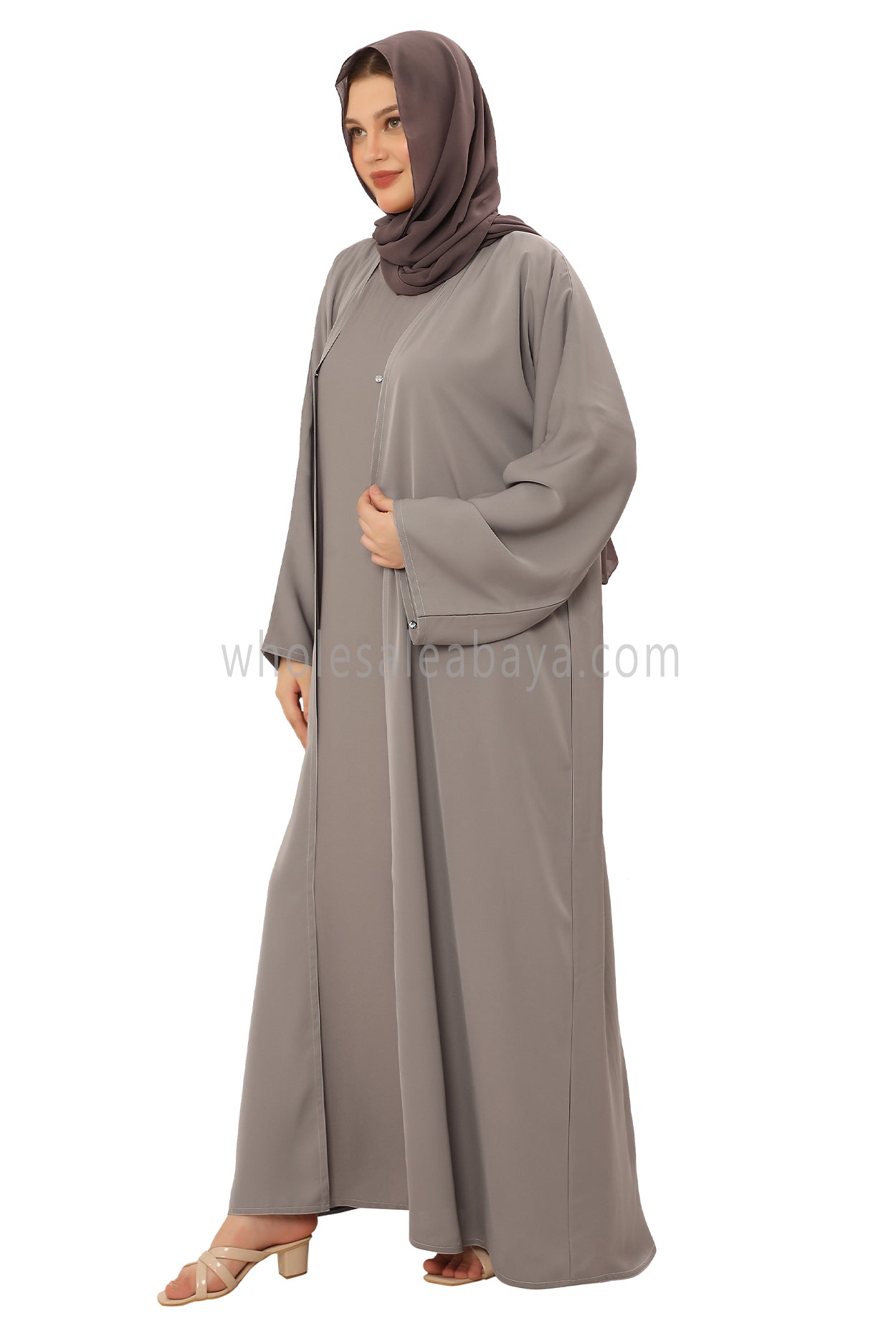 Front Open Nida Abaya With A Single Button 30051 Light Grey