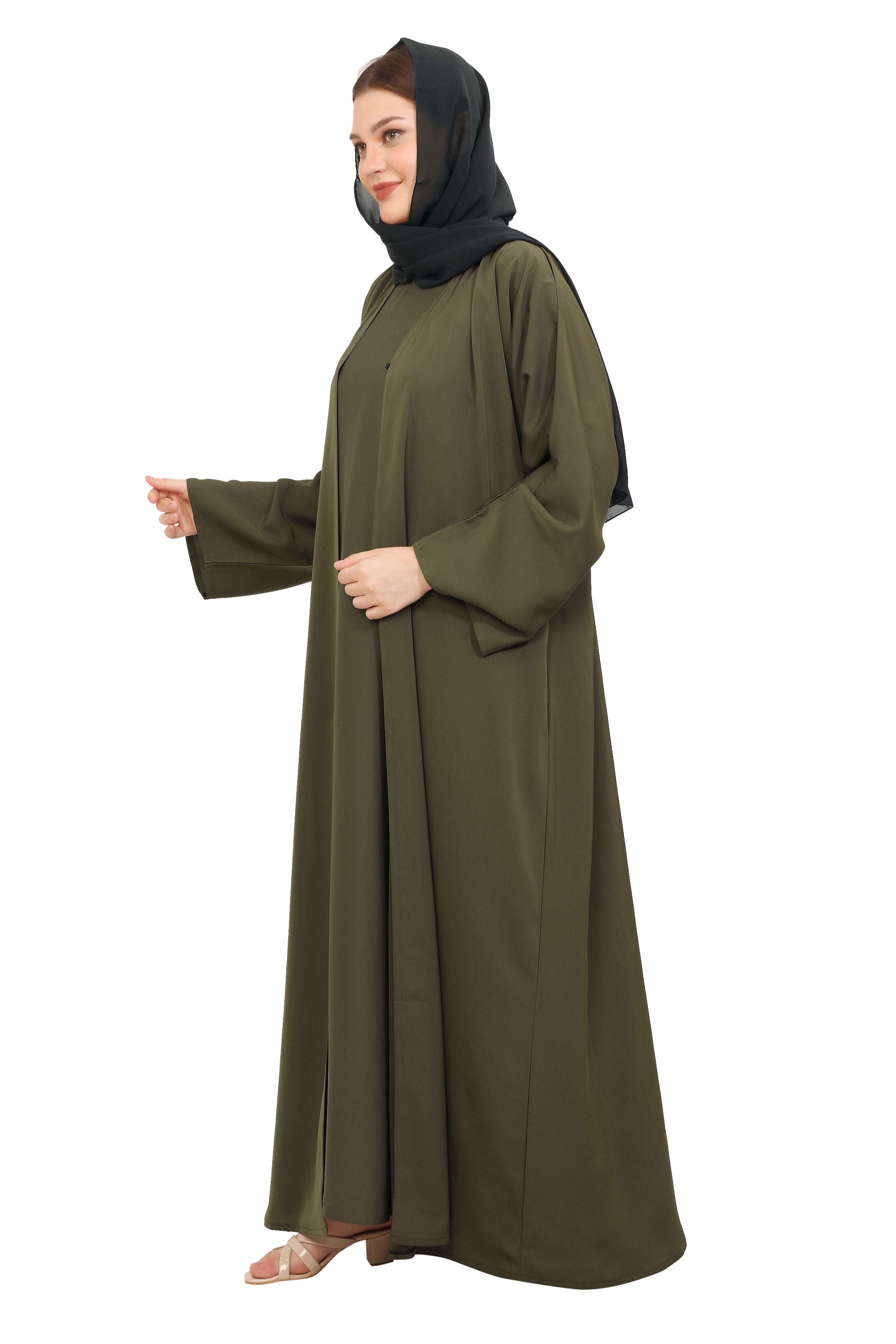Front Open Nida Abaya With A Single Button 30051 Olive Green