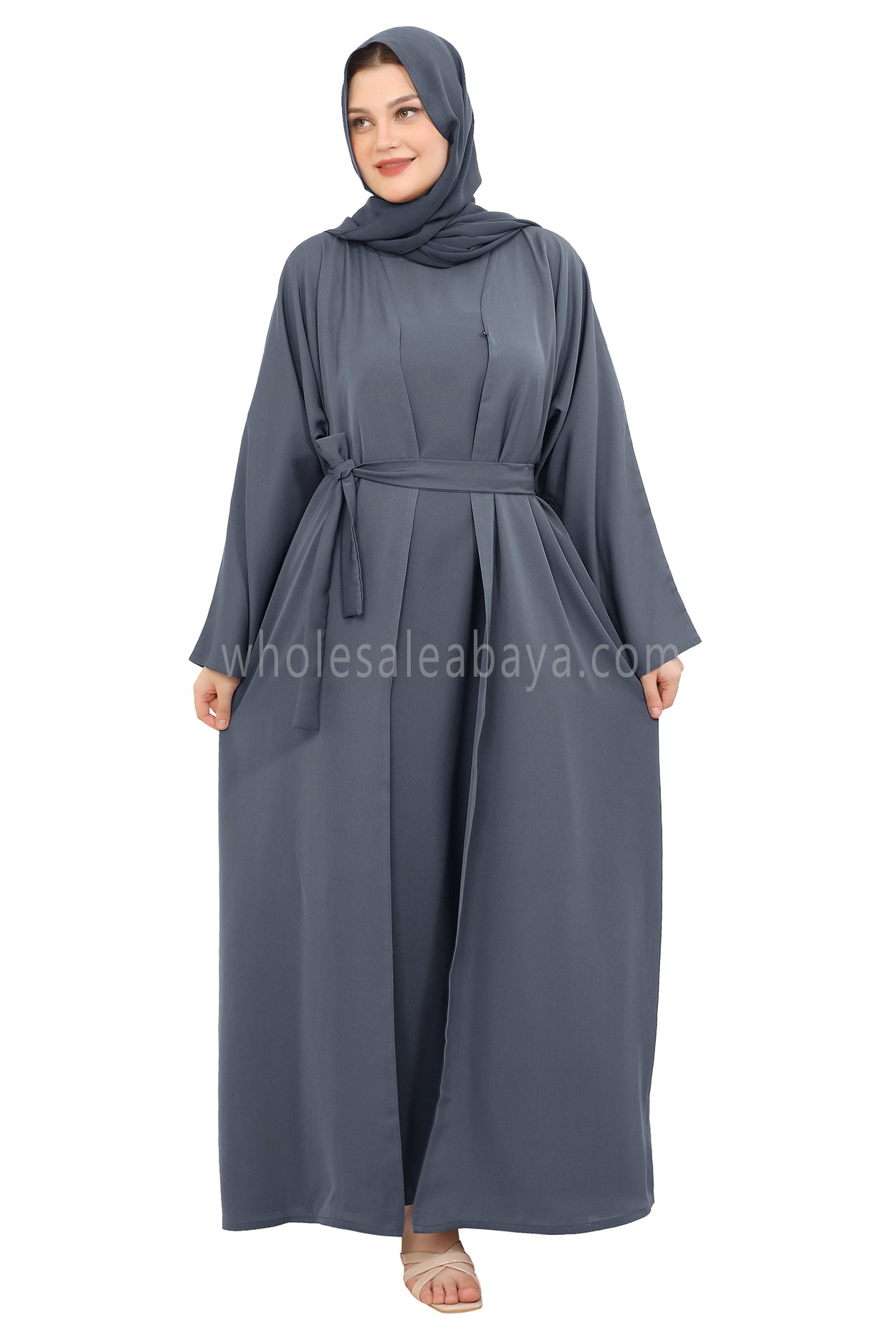 Front Open Nida Abaya With A Single Button 30051 Charcoal Grey