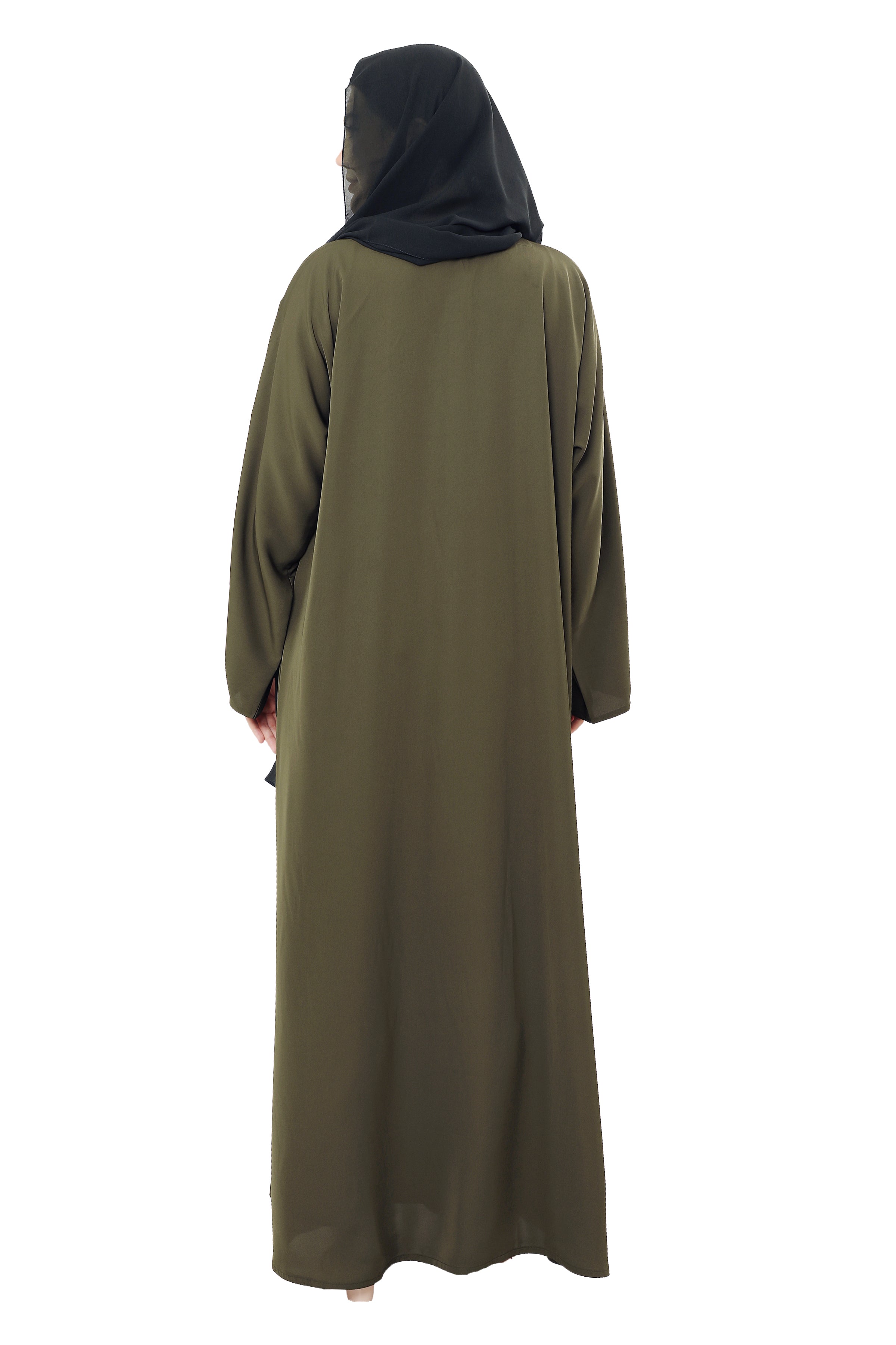 Front Open Nida Abaya With A Single Button 30051 Olive Green