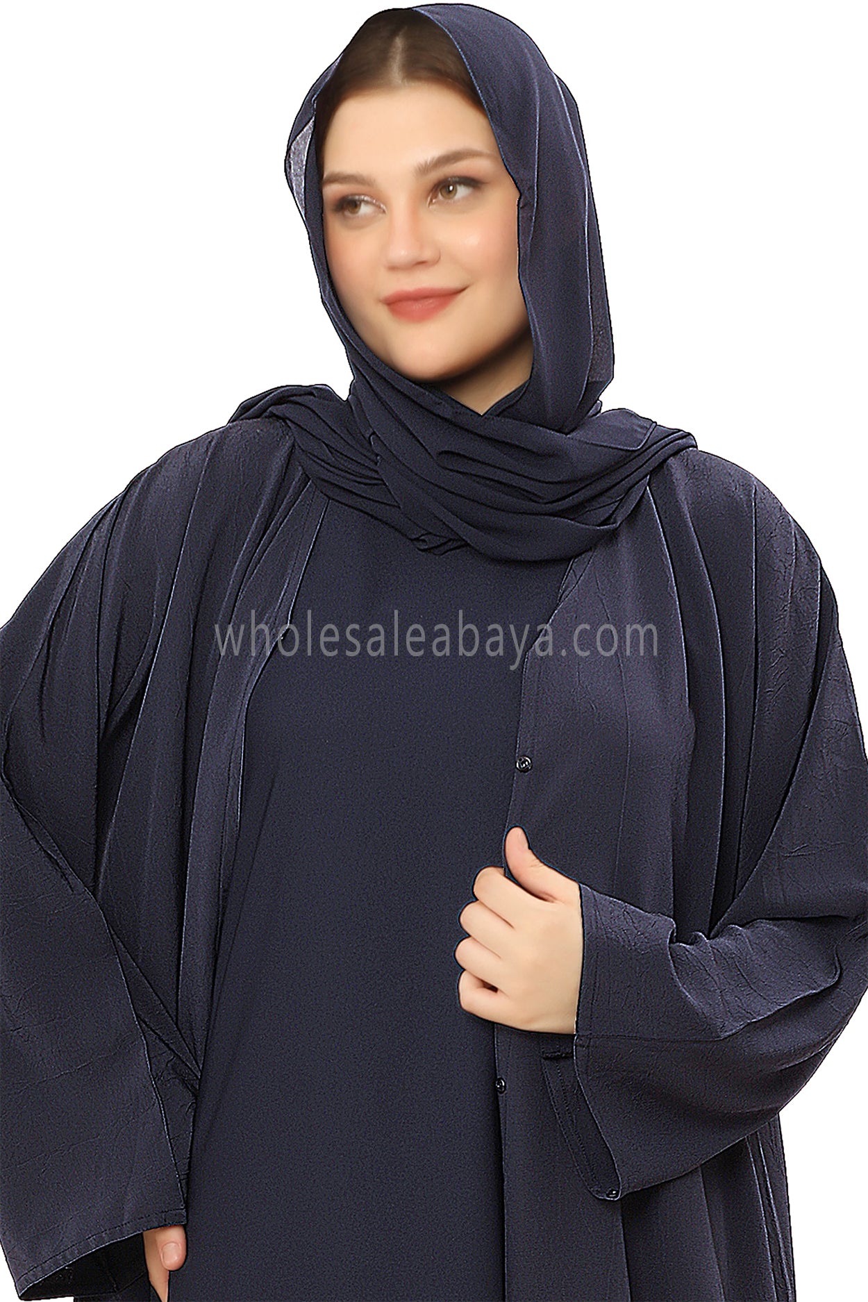 Front Open Abaya with Buttons Closure in Arwa Crush Crepe 30051 Smokey Blue