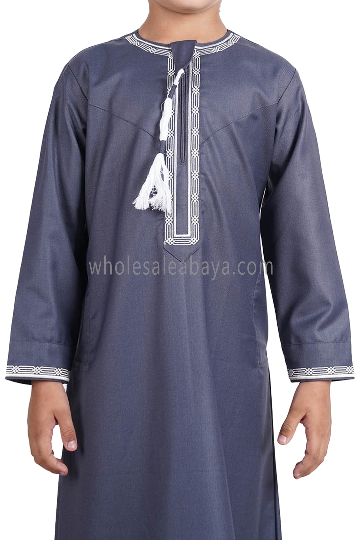 Boy's Omani Thoube With Designer Embroidery and Tassel Blue Grey