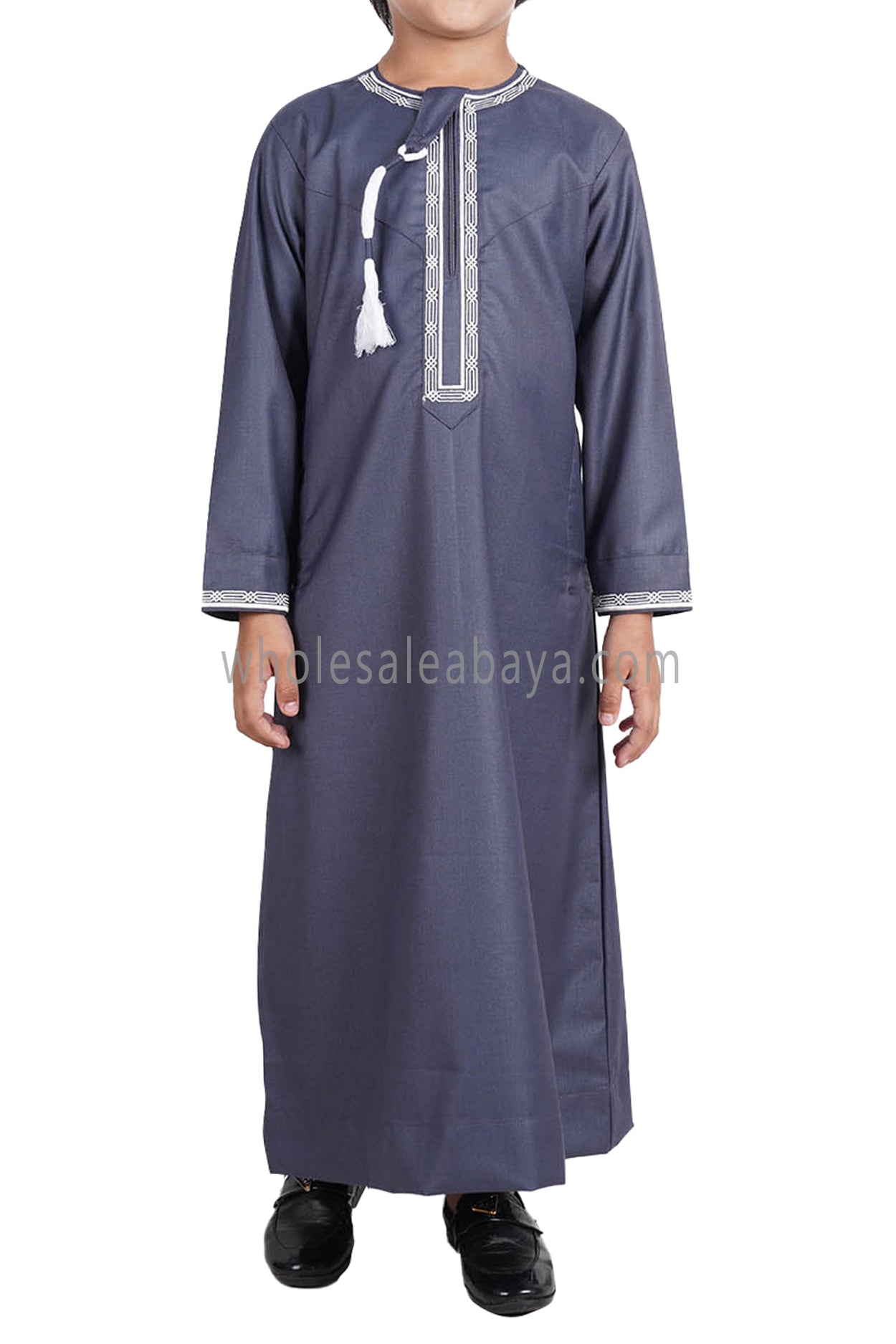 Boy's Omani Thoube With Designer Embroidery and Tassel Blue Grey