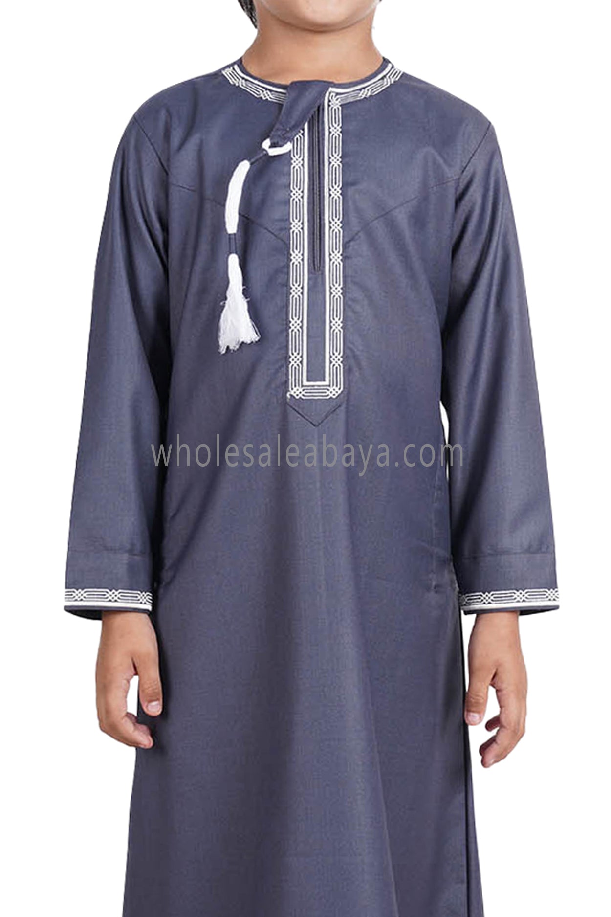 Boy's Omani Thoube With Designer Embroidery and Tassel Blue Grey