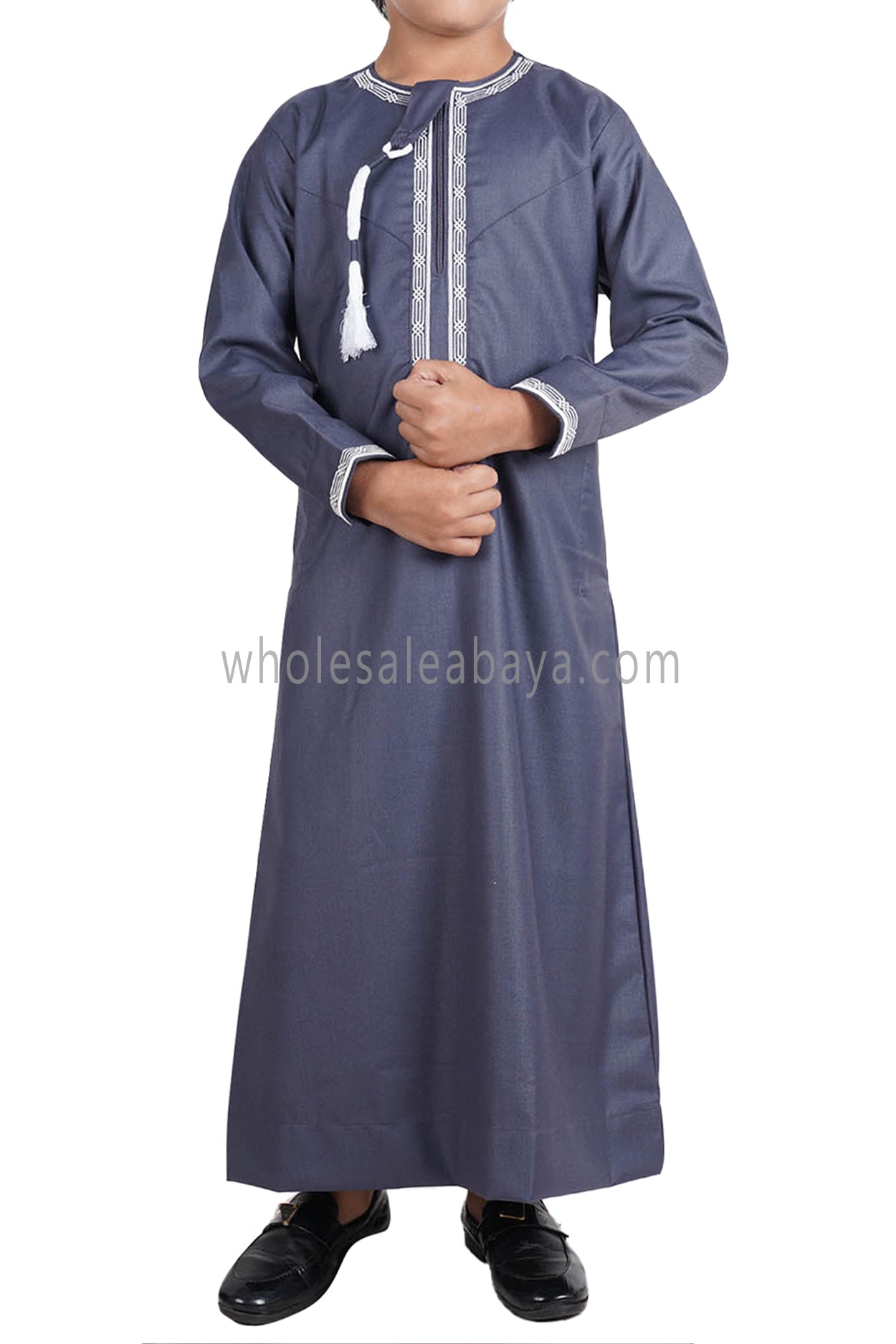 Boy's Omani Thoube With Designer Embroidery and Tassel Blue Grey