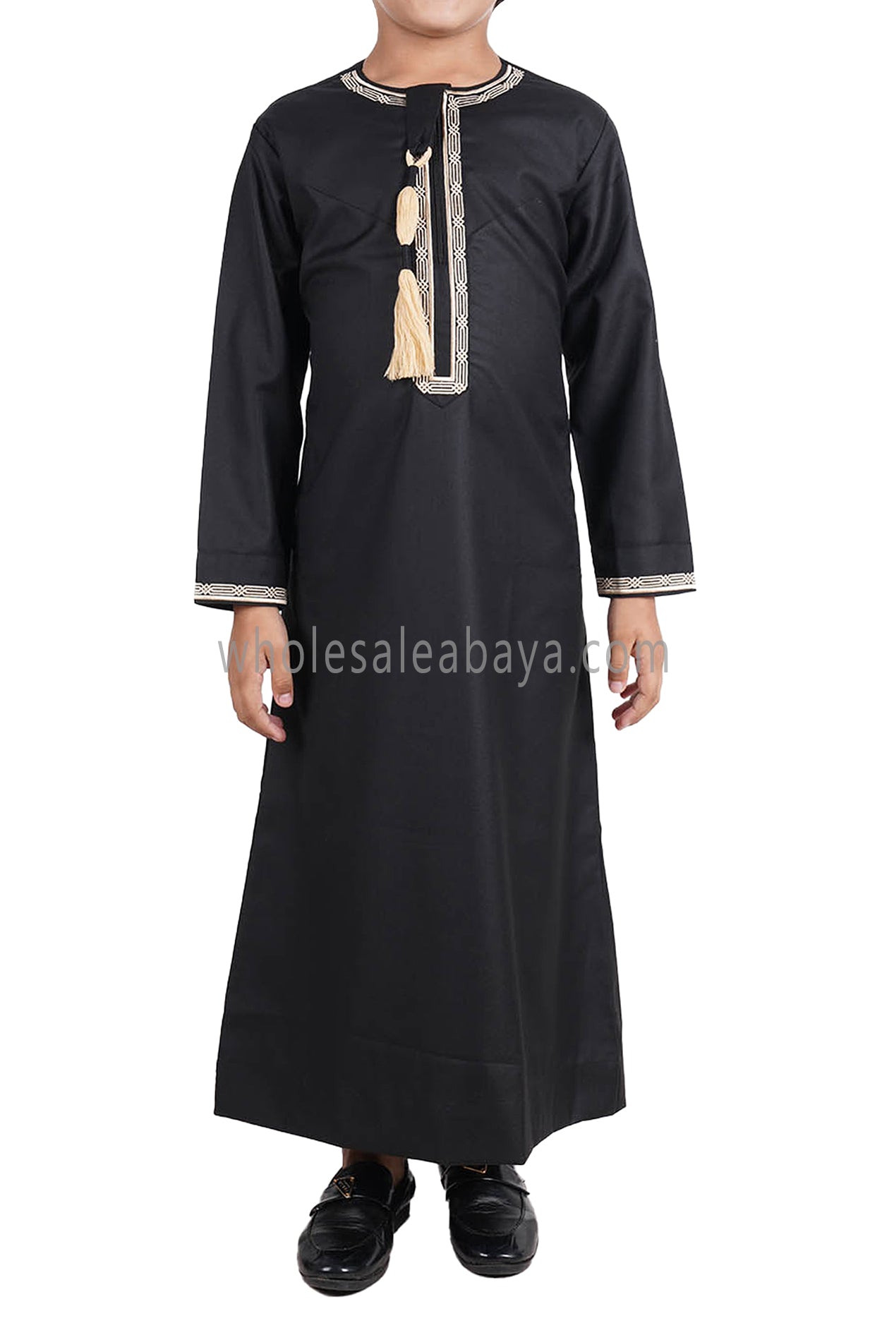 Boy's Omani Thoube With Designer Embroidery and Tassel Black