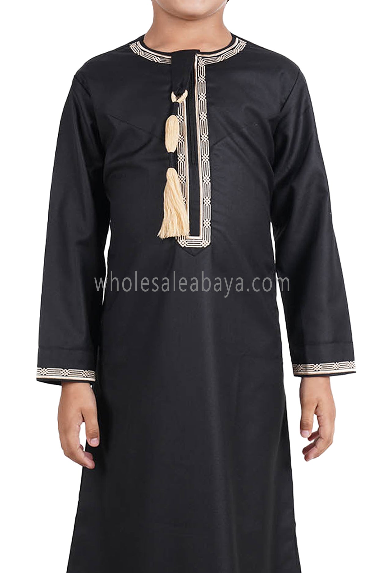 Boy's Omani Thoube With Designer Embroidery and Tassel Black