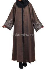 Front Open Abaya With Embroidered Sleeve Melange Cocoa Brown