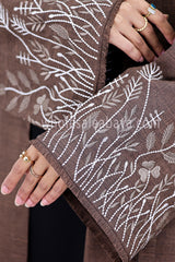 Front Open Abaya With Embroidered Sleeve Melange Cocoa Brown