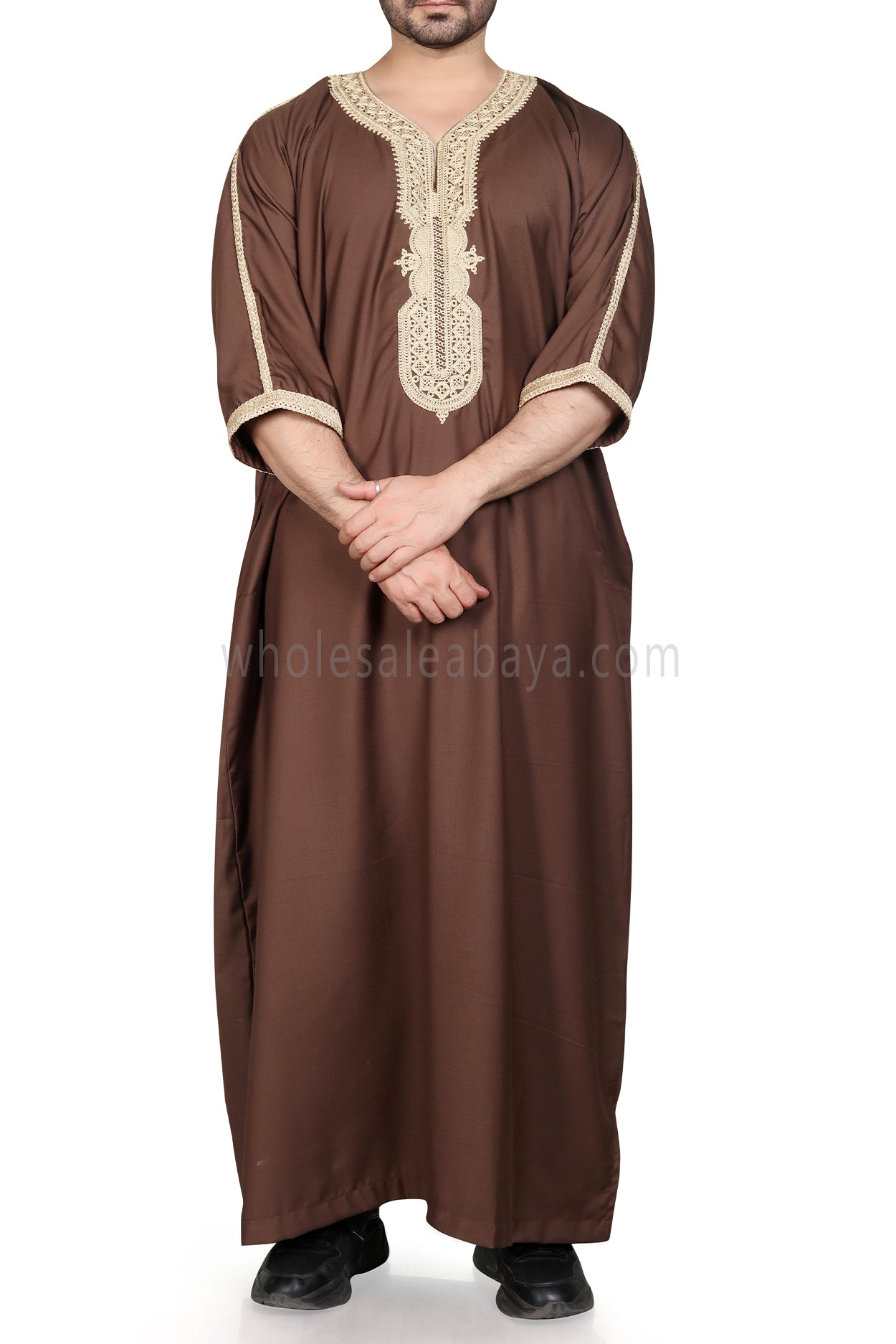Men's Moroccan Thoube with Exquisite Embroidery Caramel Brown
