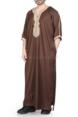 Men's Moroccan Thoube with Exquisite Embroidery Caramel Brown