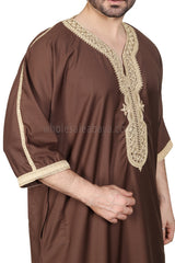 Men's Moroccan Thoube with Exquisite Embroidery Caramel Brown