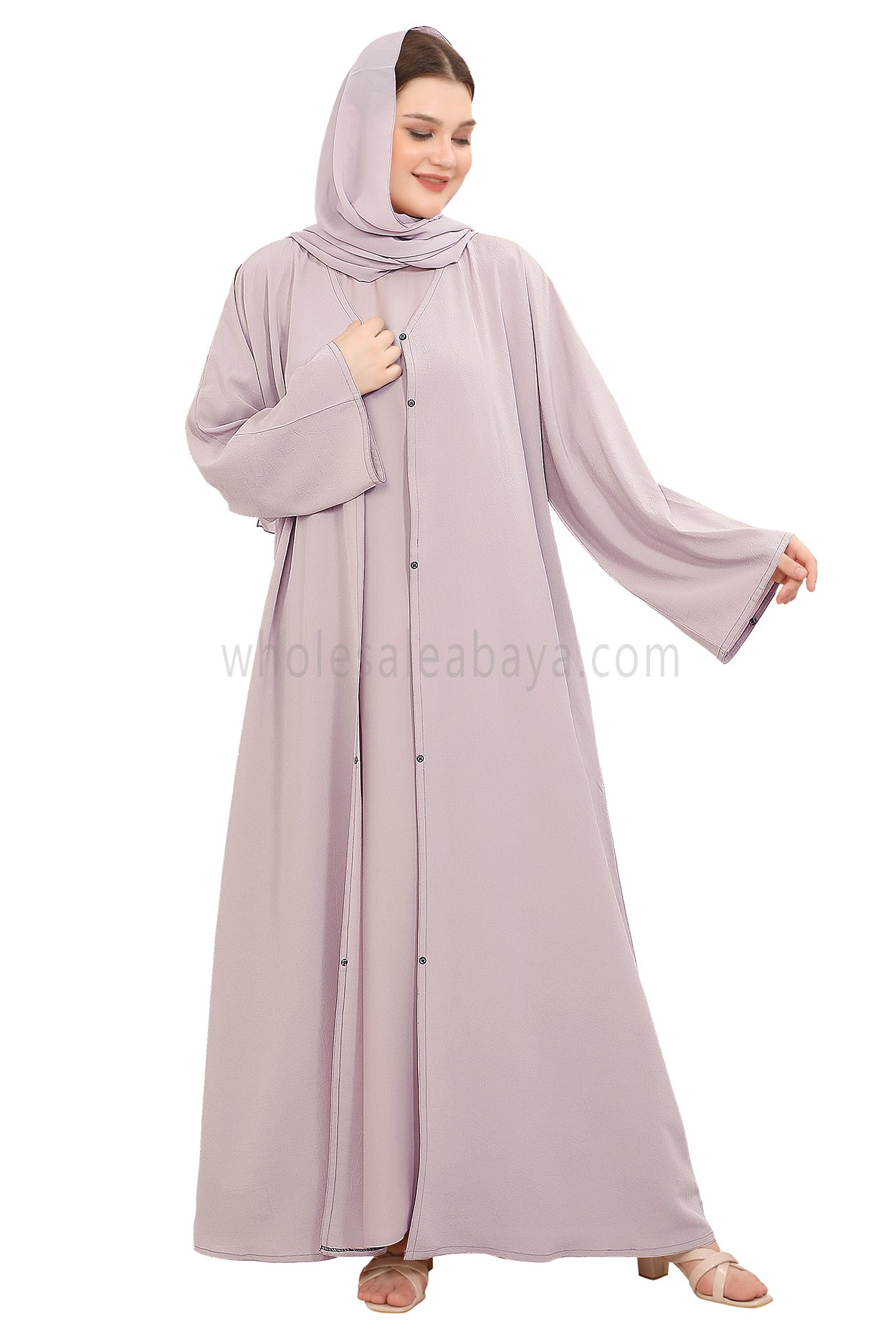 Front Open Abaya with Buttons Closure in Arwa Crush Crepe 30051 Pink Blush