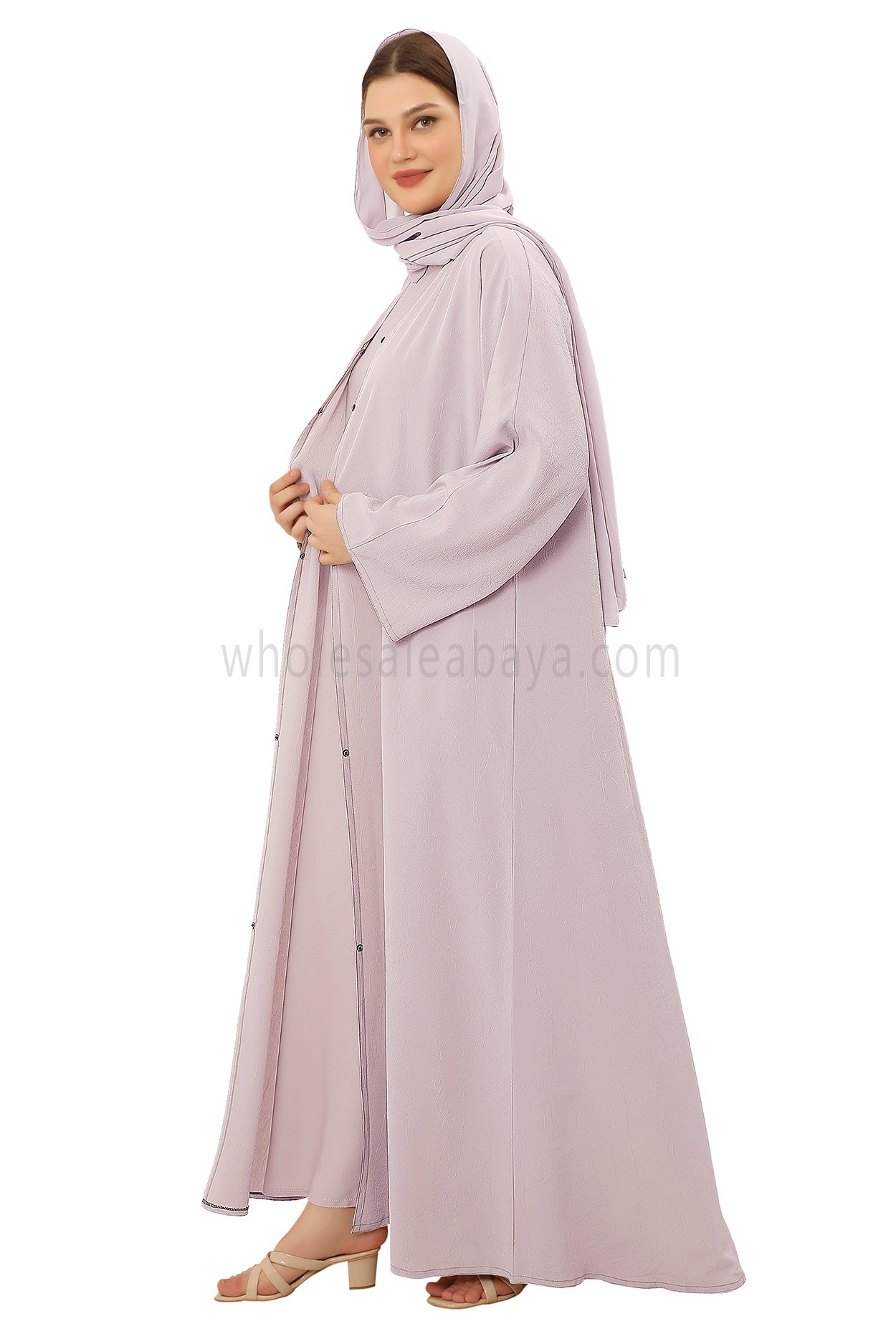 Front Open Abaya with Buttons Closure in Arwa Crush Crepe 30051 Pink Blush