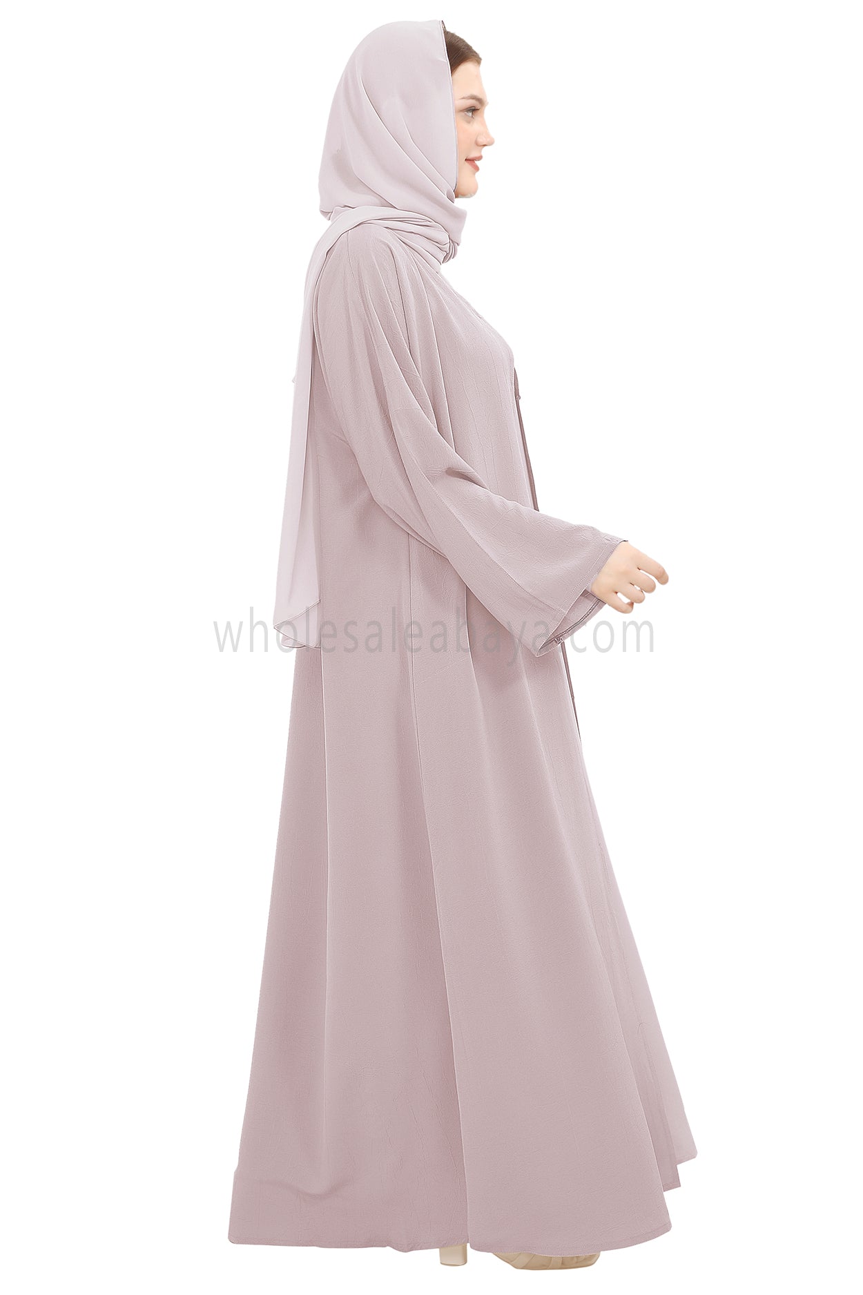 Front Open Abaya with Buttons Closure in Arwa Crush Crepe 30051 Pink Blush