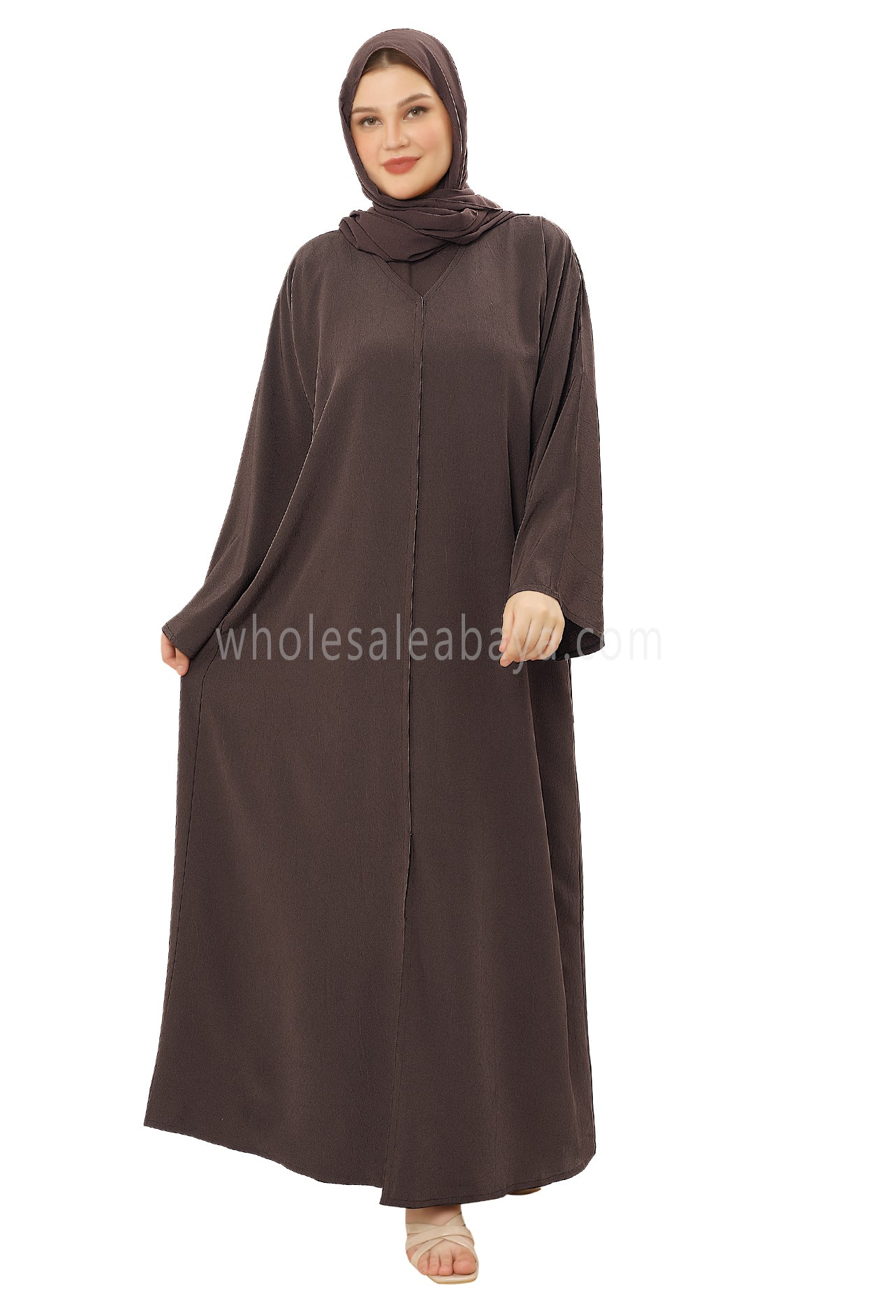 Front Open Abaya with Buttons Closure in Arwa Crush Crepe 30051 Chocolate Brown