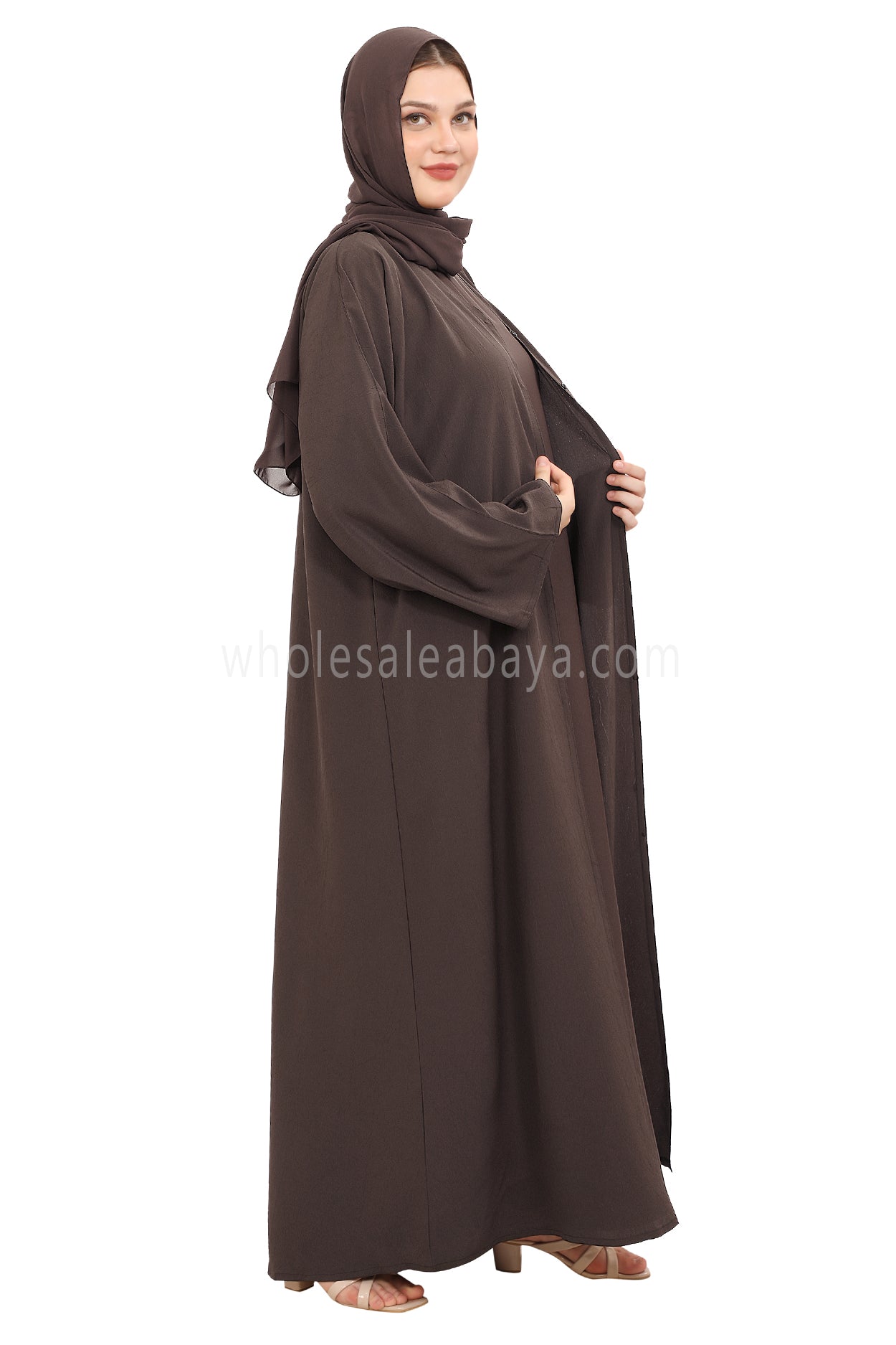 Front Open Abaya with Buttons Closure in Arwa Crush Crepe 30051 Chocolate Brown