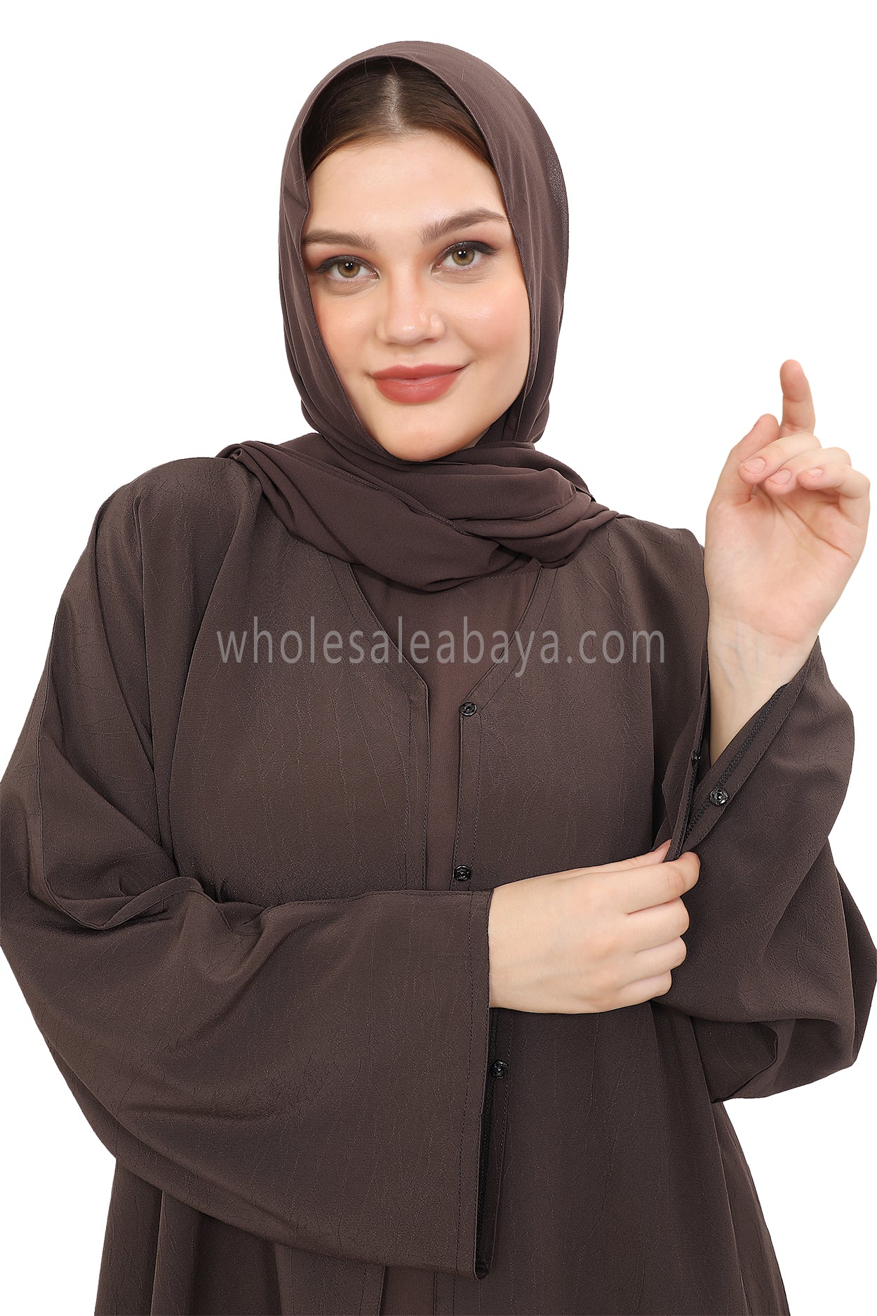 Front Open Abaya with Buttons Closure in Arwa Crush Crepe 30051 Chocolate Brown