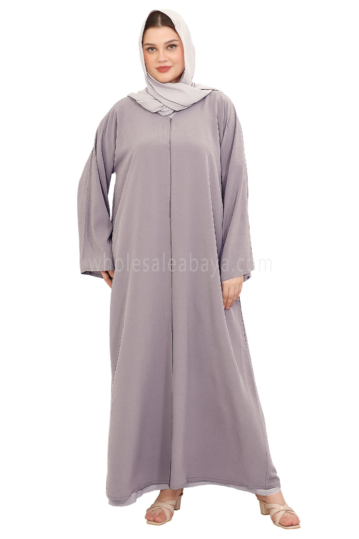 Front Open Abaya with Buttons Closure in Arwa Crush Crepe 30051 Lilac Pink