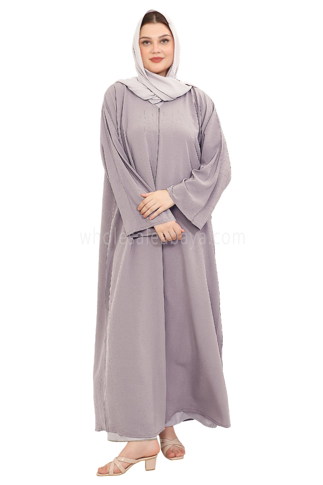 Front Open Abaya with Buttons Closure in Arwa Crush Crepe 30051 Lilac Pink