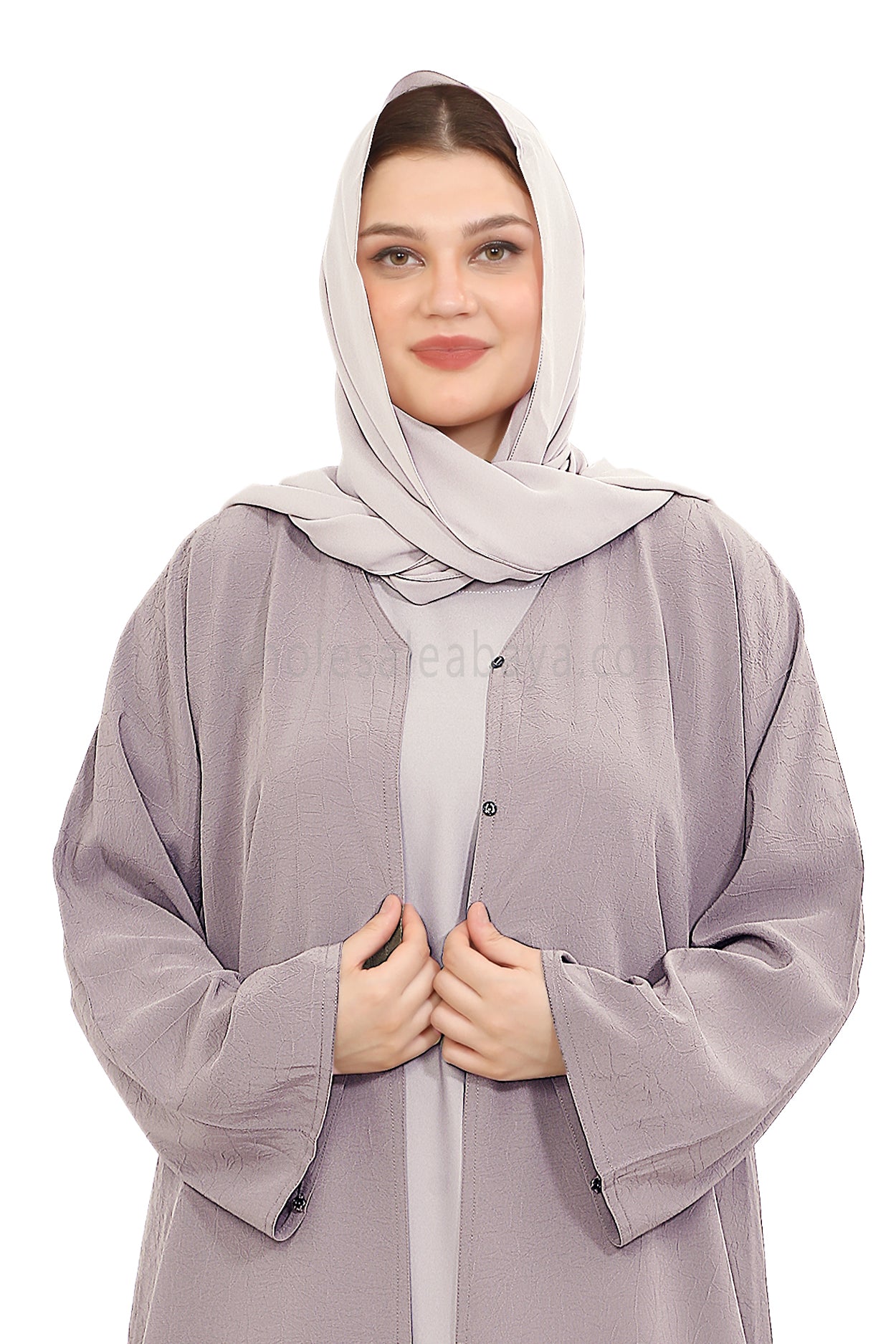 Front Open Abaya with Buttons Closure in Arwa Crush Crepe 30051 Lilac Pink