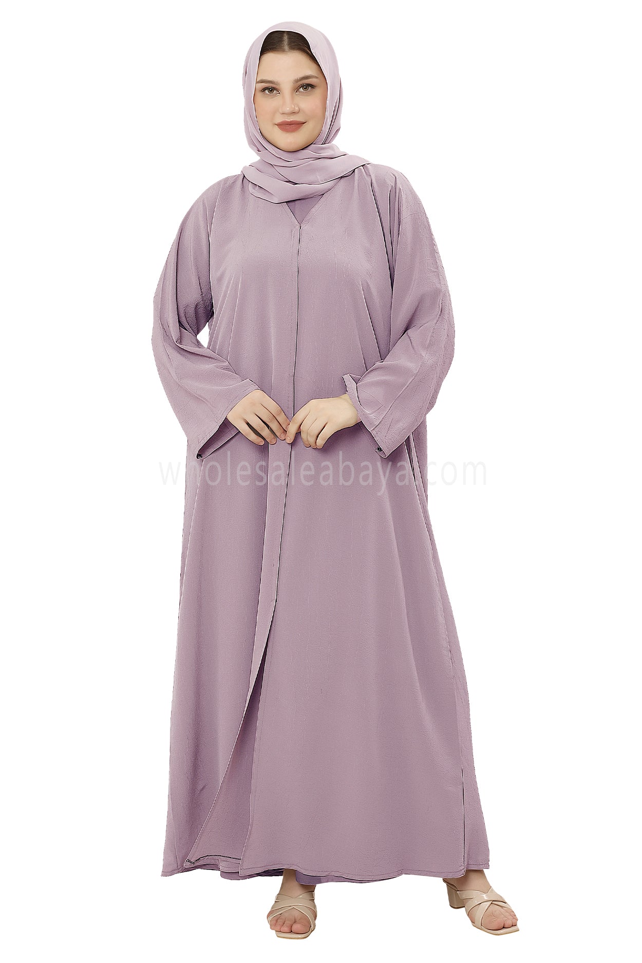 Front Open Abaya with Buttons Closure in Arwa Crush Crepe 30051 Purple Pink