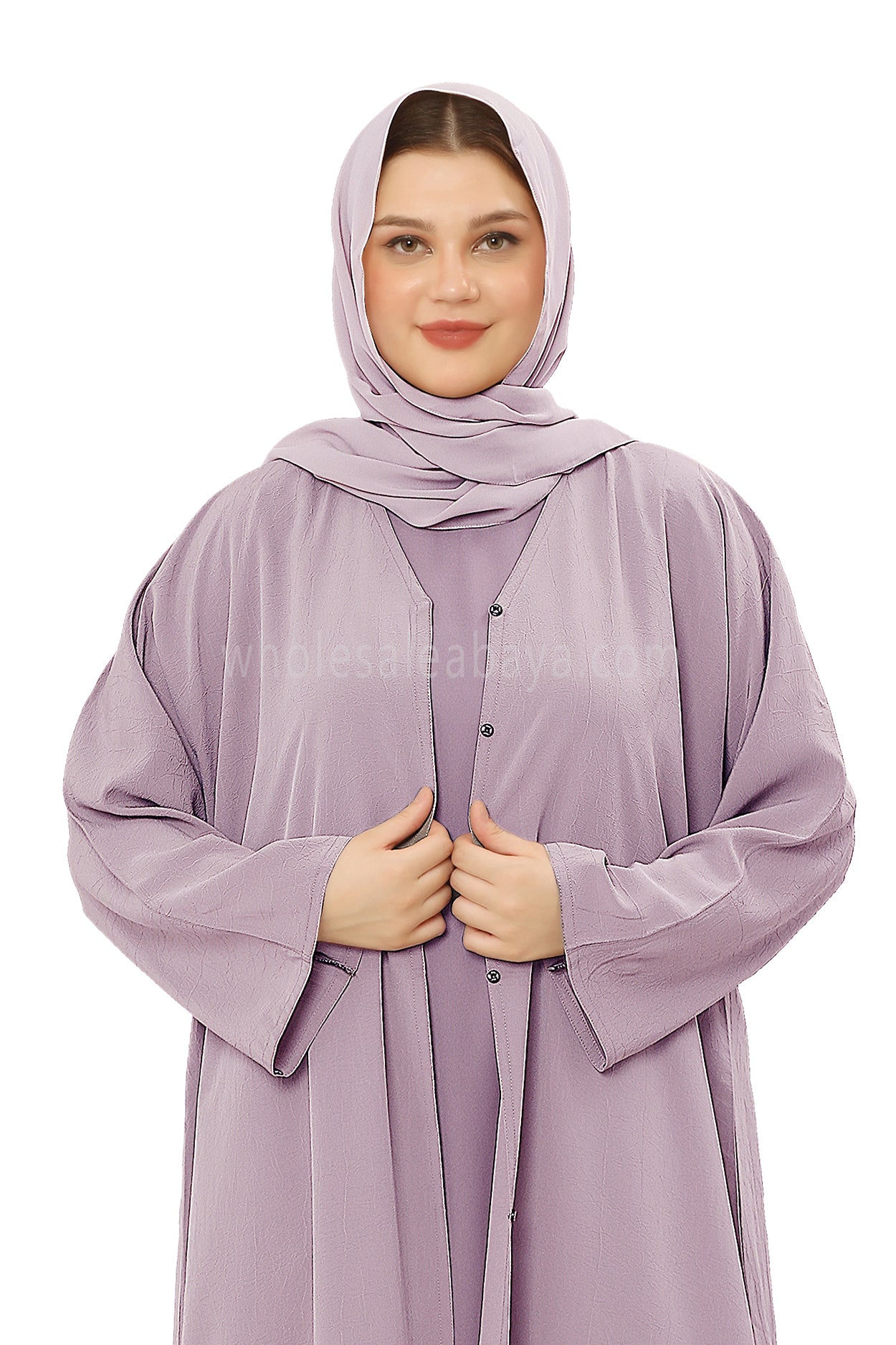 Front Open Abaya with Buttons Closure in Arwa Crush Crepe 30051 Purple Pink