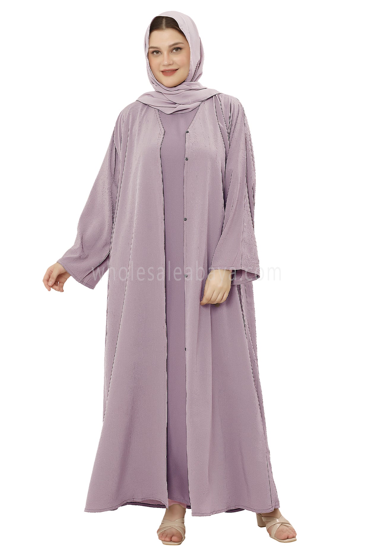 Front Open Abaya with Buttons Closure in Arwa Crush Crepe 30051 Purple Pink