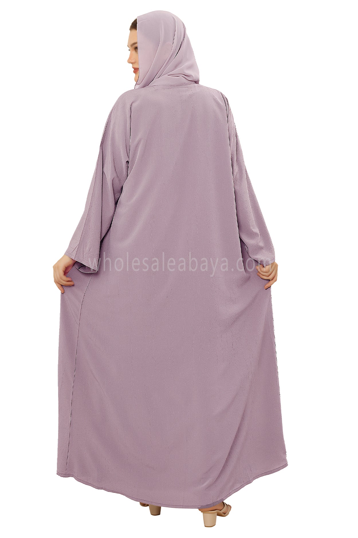 Front Open Abaya with Buttons Closure in Arwa Crush Crepe 30051 Purple Pink