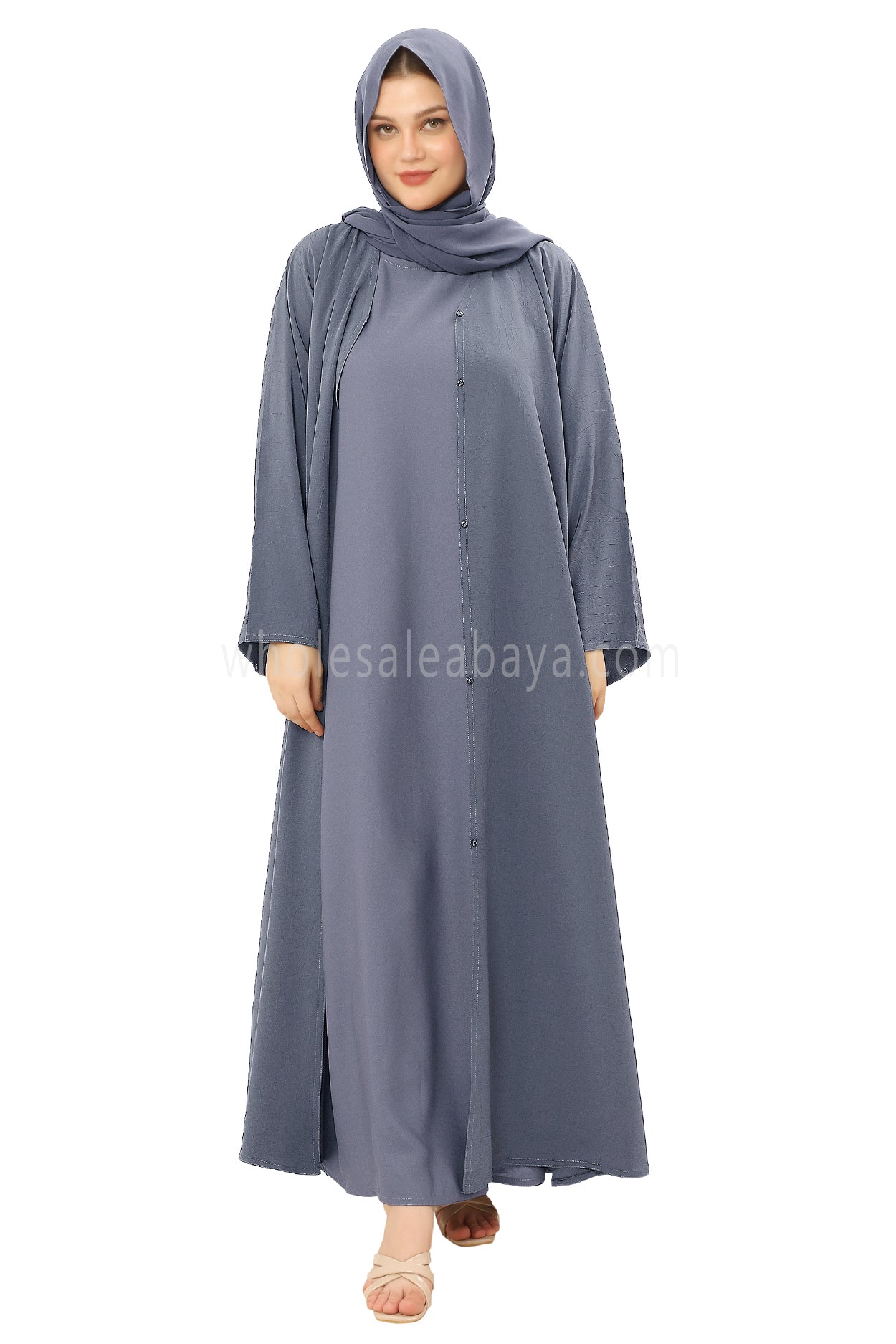 Front Open Abaya with Buttons Closure in Arwa Crush Crepe 30051 Cinnamon Grey
