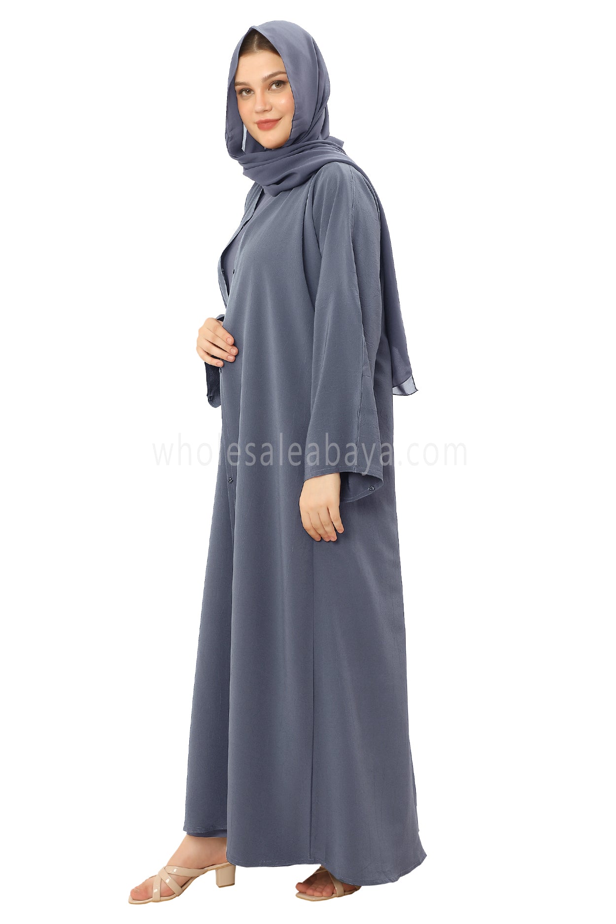 Front Open Abaya with Buttons Closure in Arwa Crush Crepe 30051 Sandstone