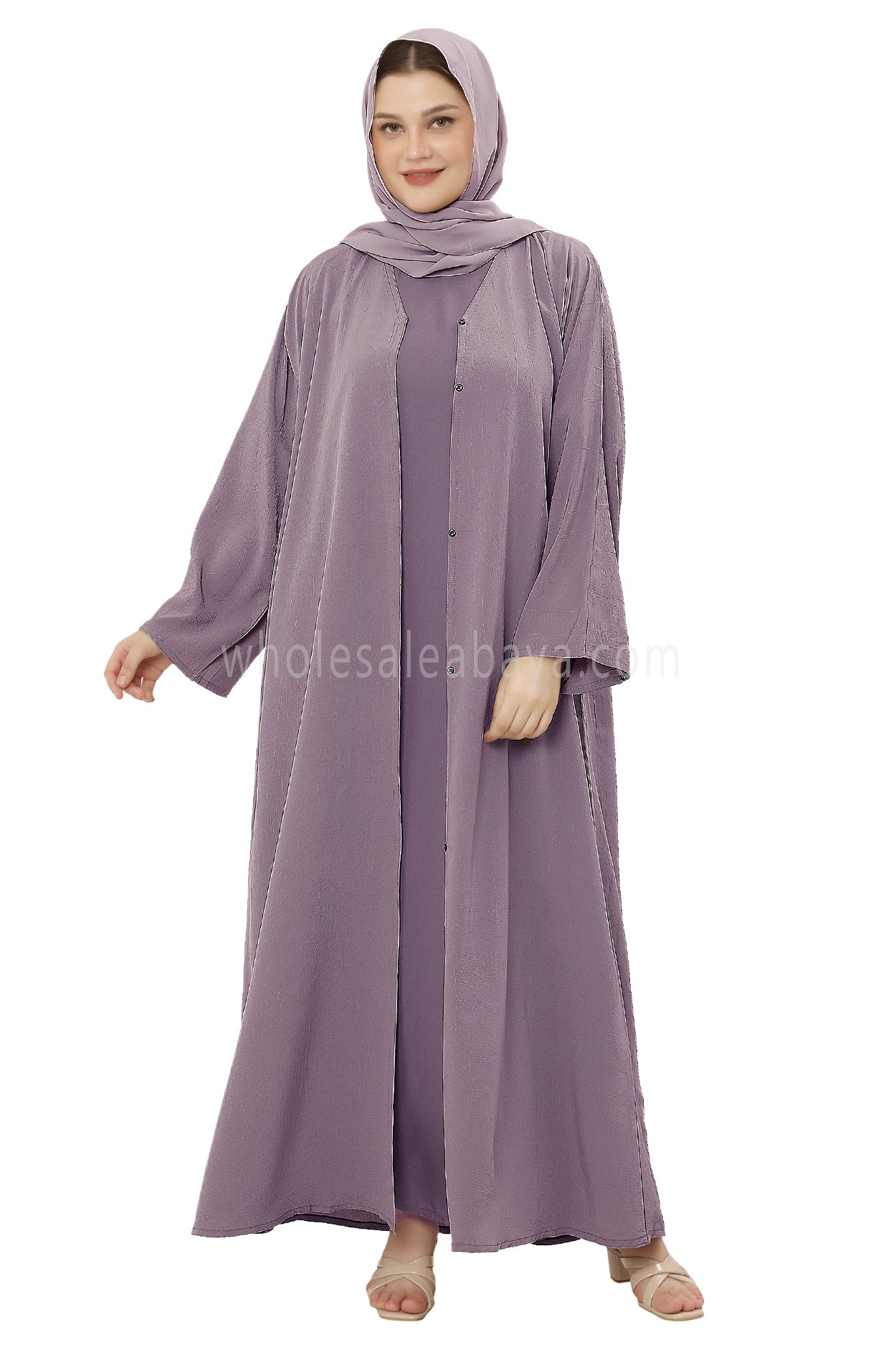 Front Open Abaya with Buttons Closure in Arwa Crush Crepe 30051 Plum
