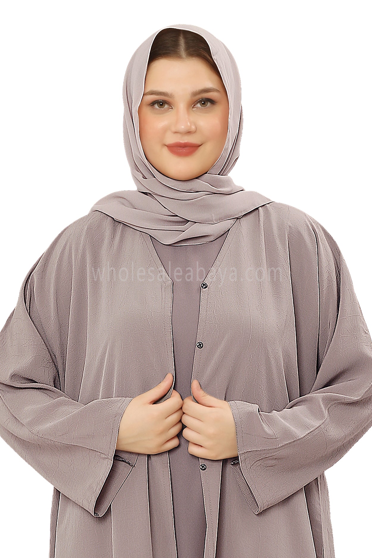 Front Open Abaya with Buttons Closure in Arwa Crush Crepe 30051 Sandstone