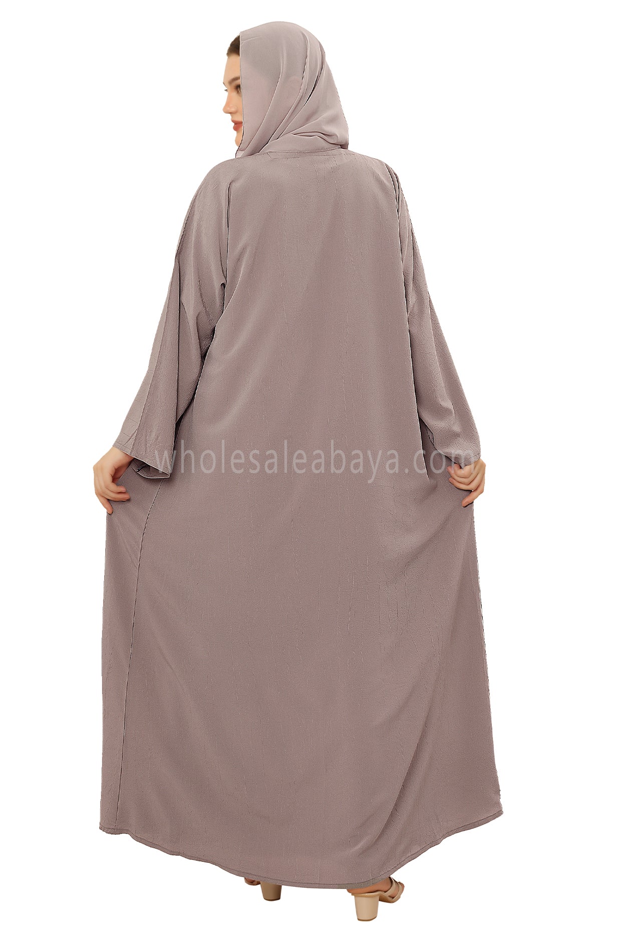 Front Open Abaya with Buttons Closure in Arwa Crush Crepe 30051 Sandstone