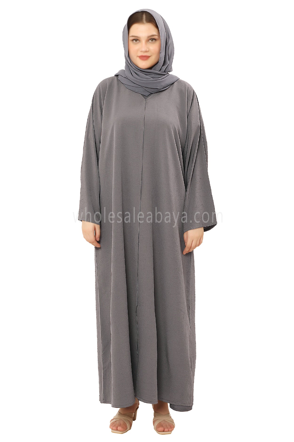 Front Open Abaya with Buttons Closure in Arwa Crush Crepe 30051 Umber Grey