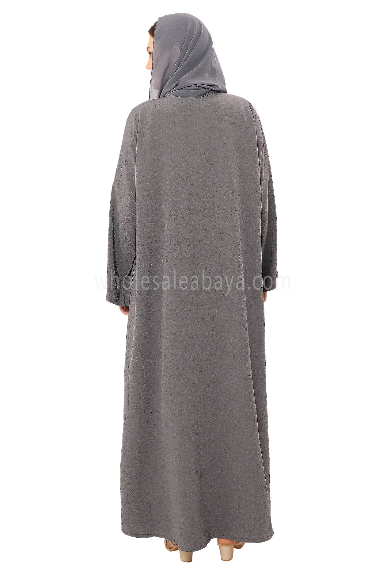 Front Open Abaya with Buttons Closure in Arwa Crush Crepe 30051 Umber Grey