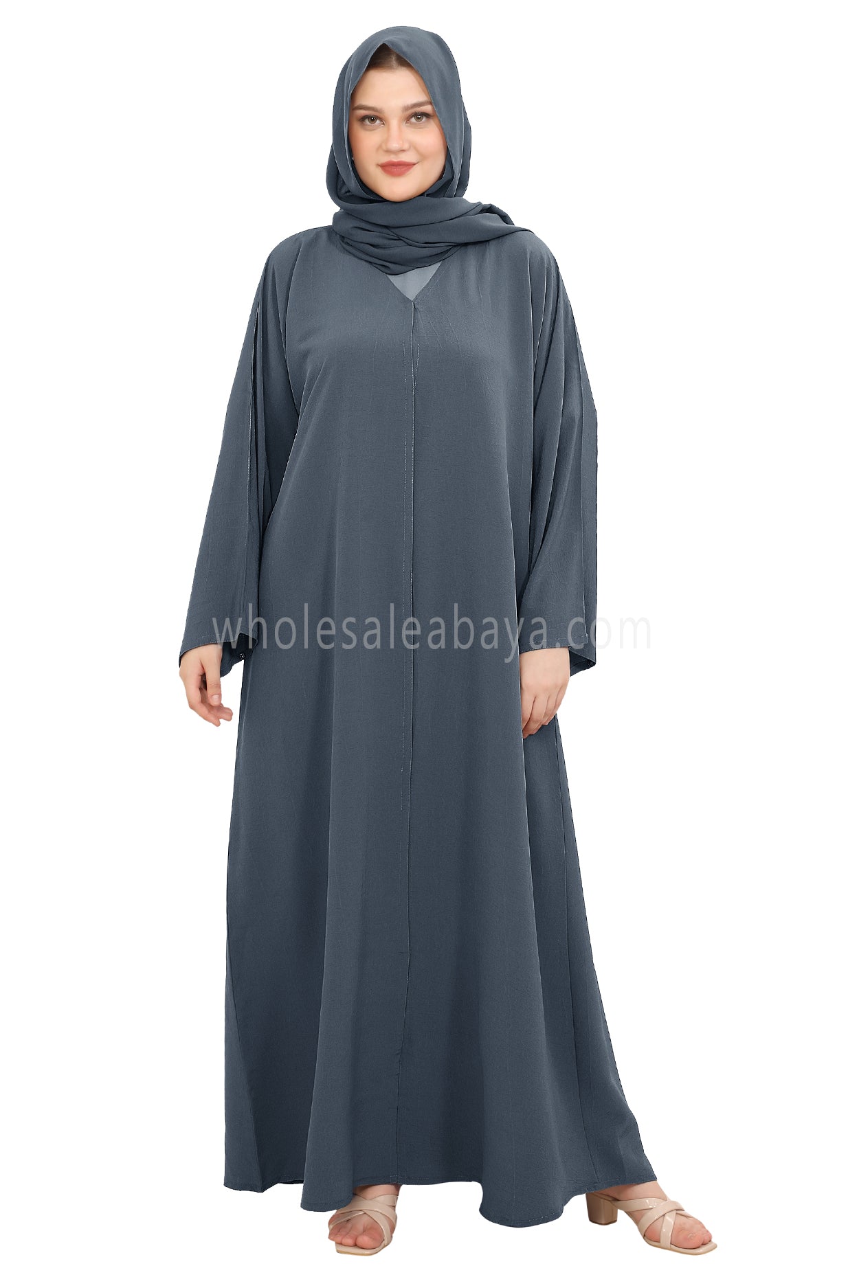 Front Open Abaya with Buttons Closure in Arwa Crush Crepe 30051 Charcoal  Blue