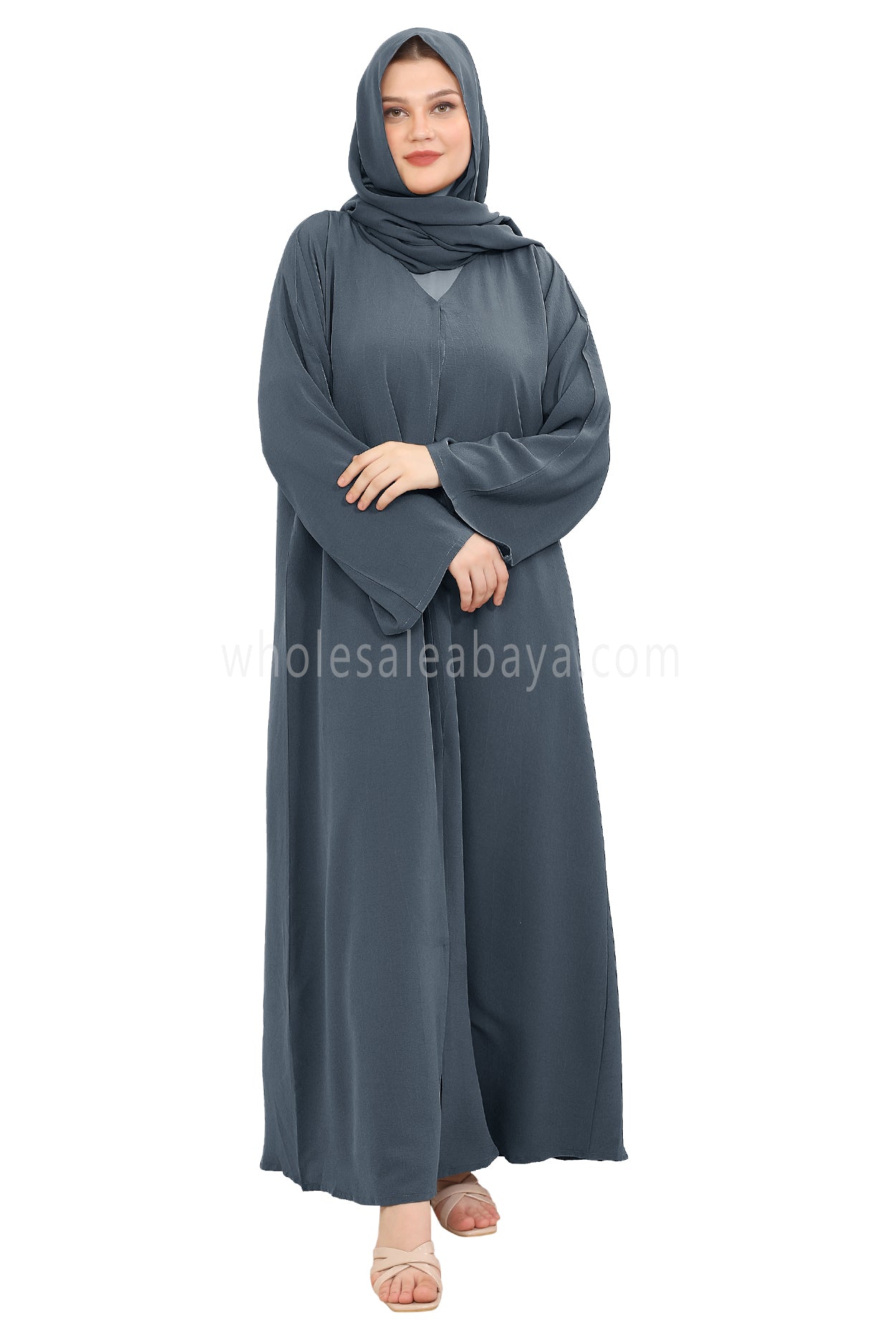 Front Open Abaya with Buttons Closure in Arwa Crush Crepe 30051 Charcoal  Blue