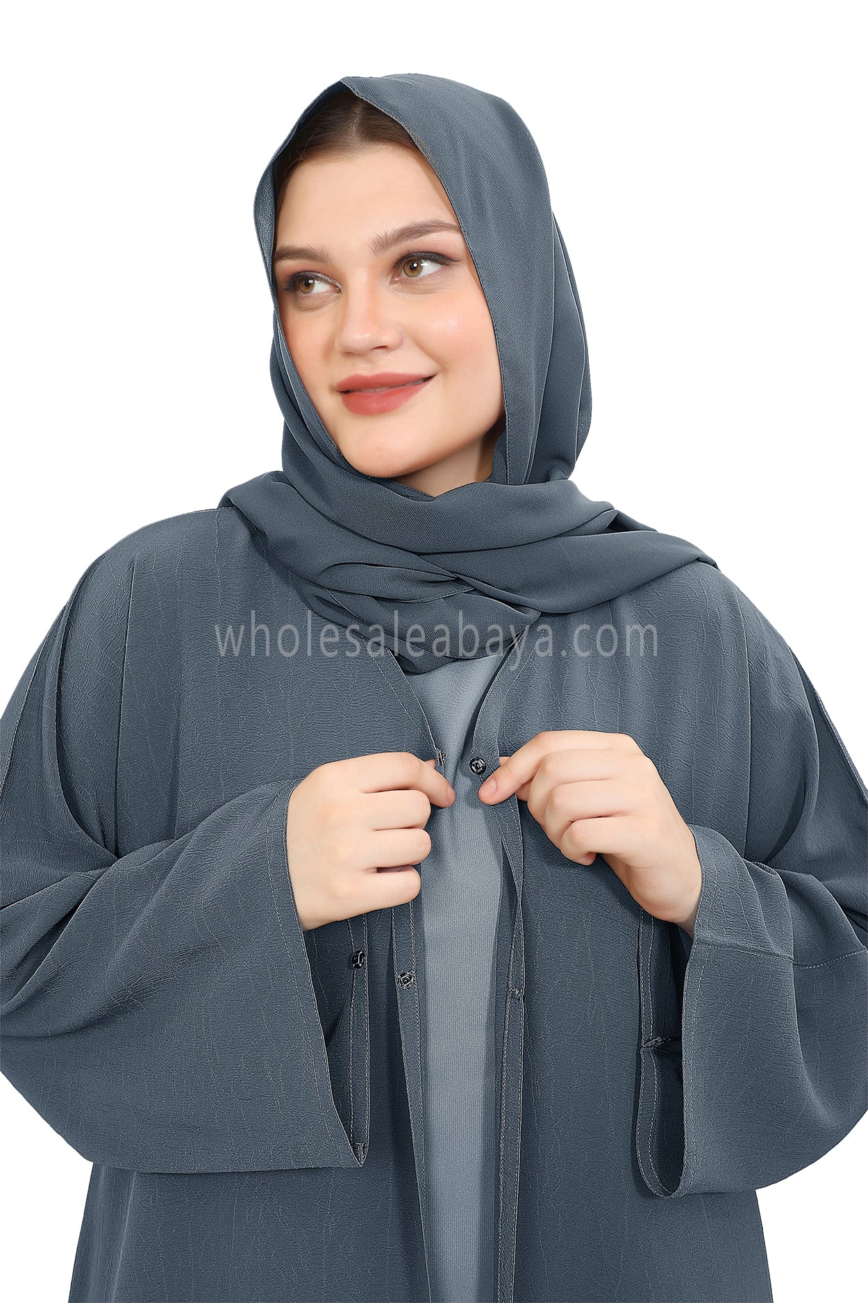 Front Open Abaya with Buttons Closure in Arwa Crush Crepe 30051 Charcoal  Blue