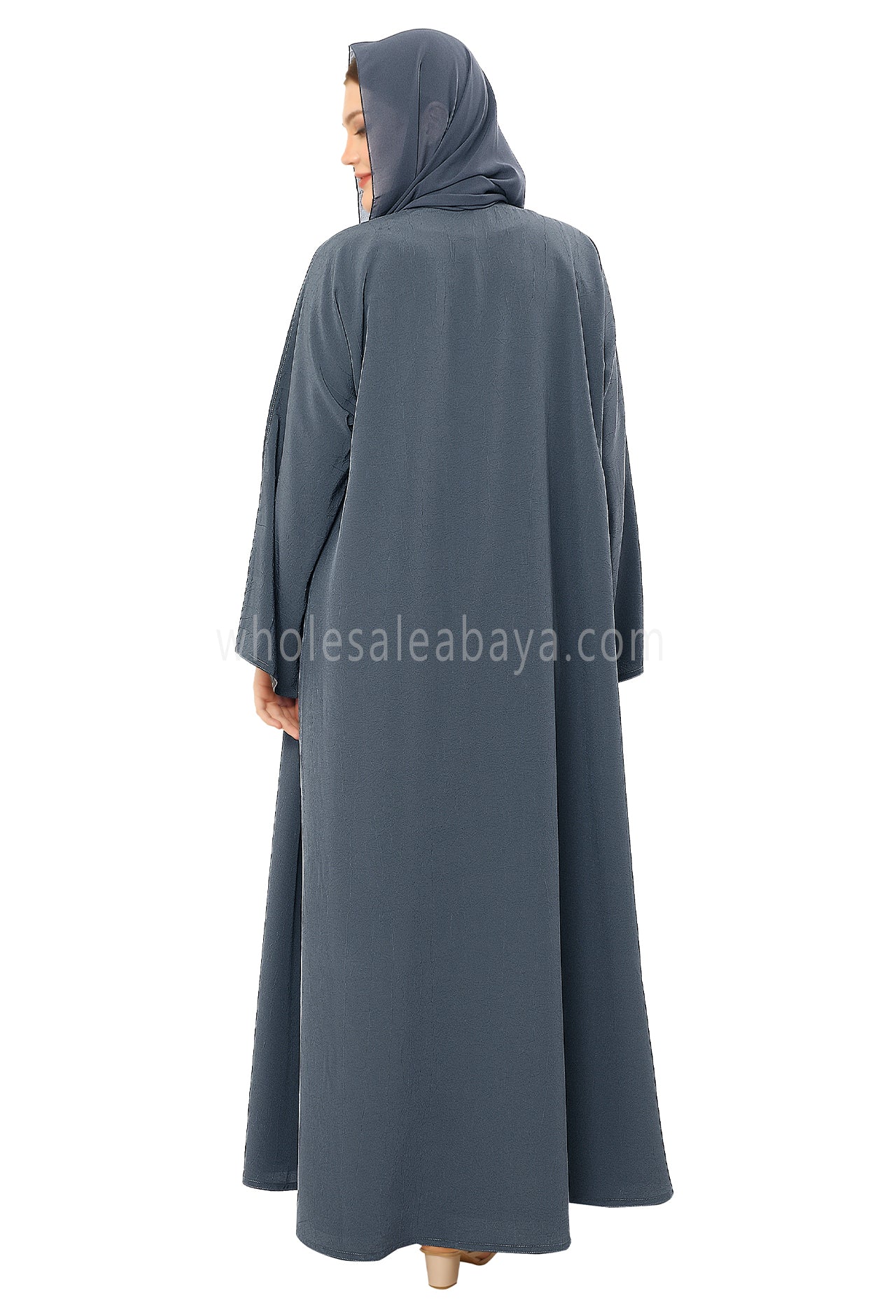 Front Open Abaya with Buttons Closure in Arwa Crush Crepe 30051 Charcoal  Blue