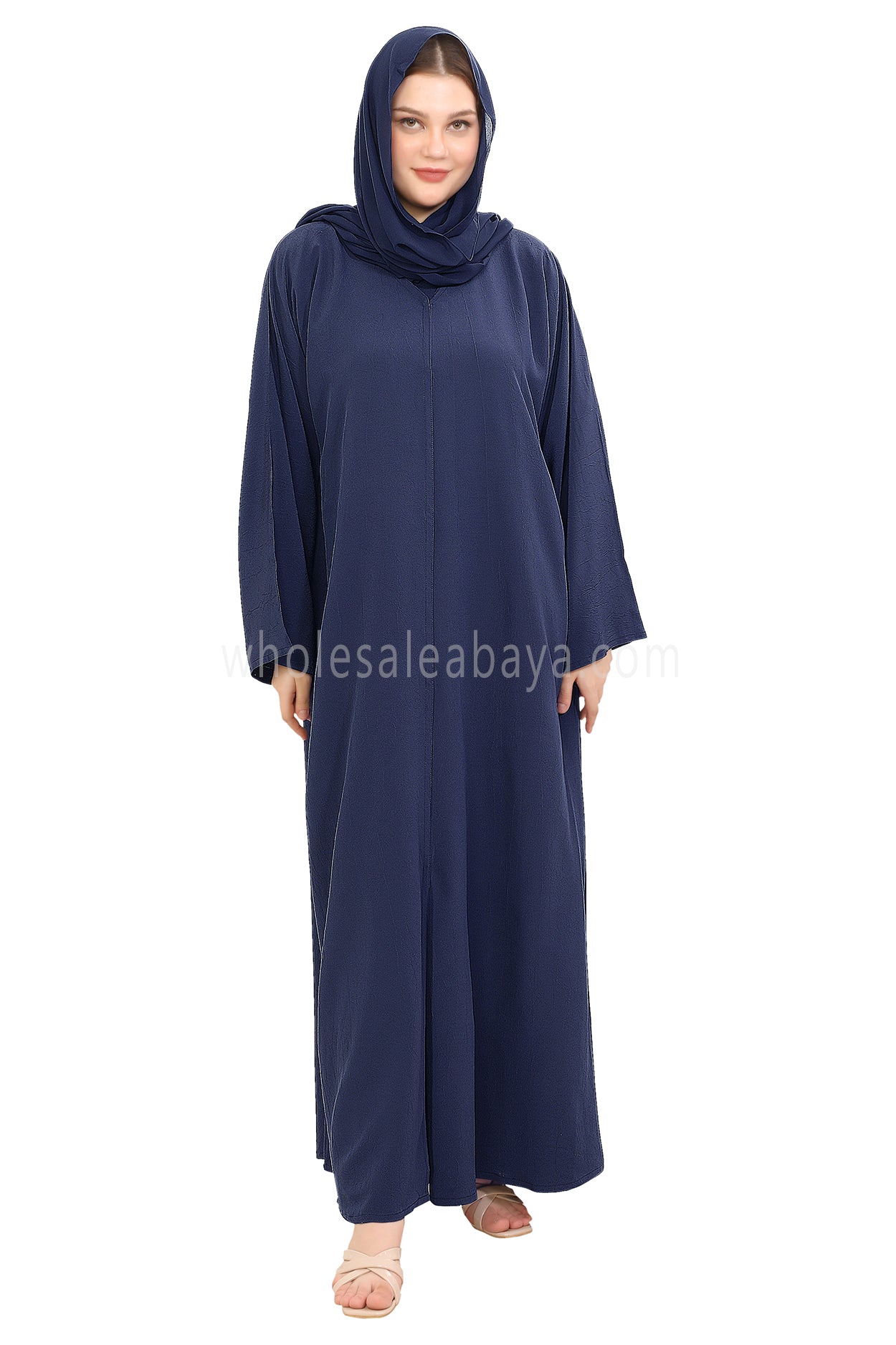 Front Open Abaya with Buttons Closure in Arwa Crush Crepe 30051 Smokey Blue