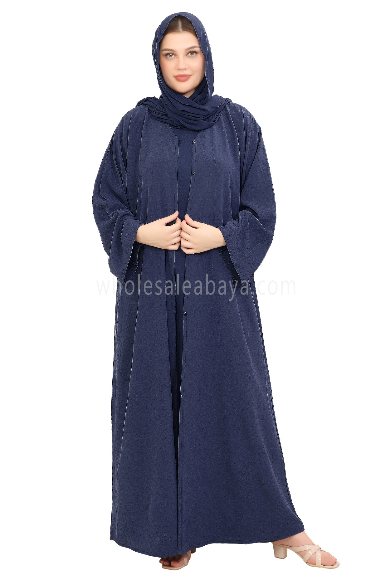 Front Open Abaya with Buttons Closure in Arwa Crush Crepe 30051 Smokey Blue