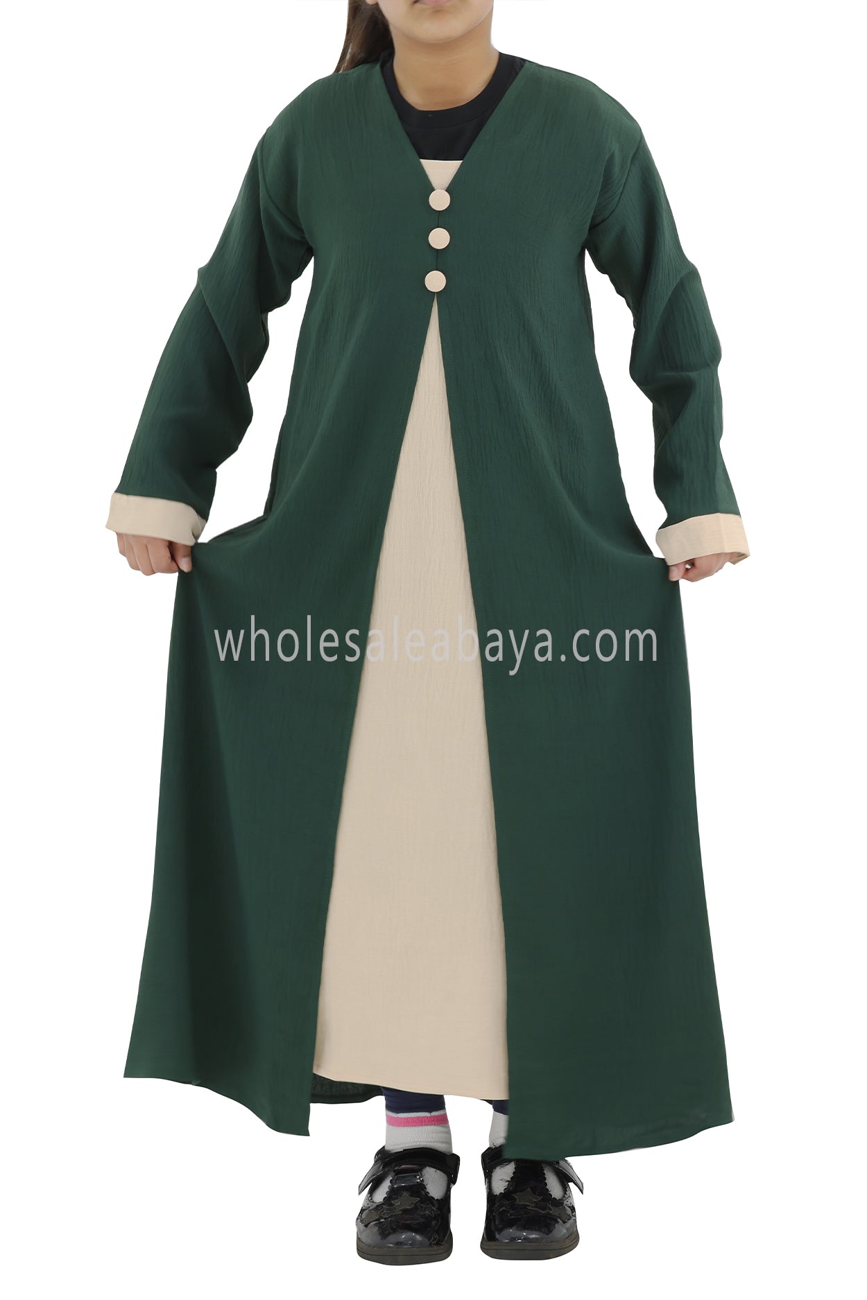 Girls 2 IN 1 Front Open Abaya With attached Inner Slip Dress Emerald Green