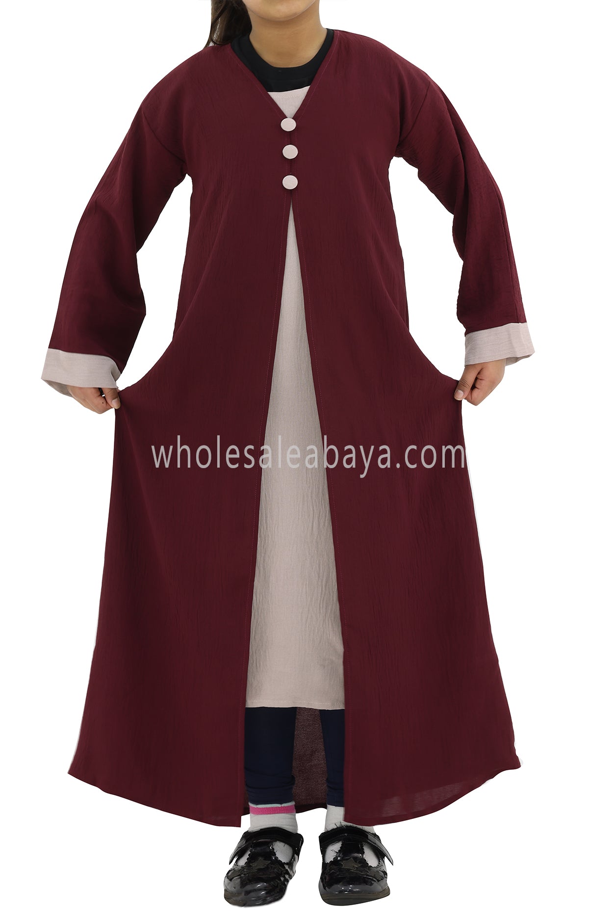Girls 2 IN 1 Front Open Abaya With attached Inner Slip Maroon