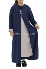 Girls 2 IN 1 Front Open Abaya With attached Inner Slip Dress Navy Blue