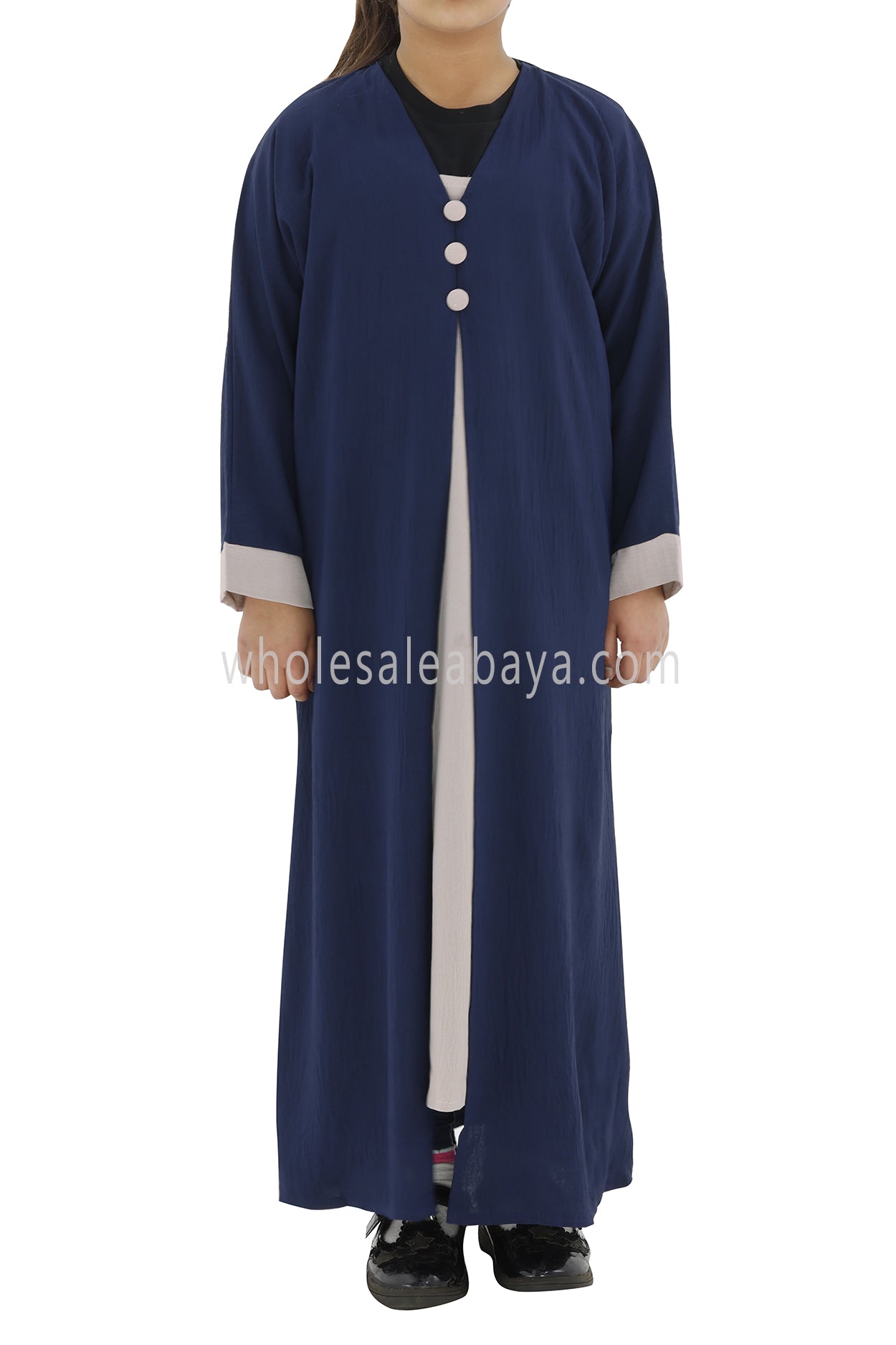 Girls 2 IN 1 Front Open Abaya With attached Inner Slip Dress Navy Blue